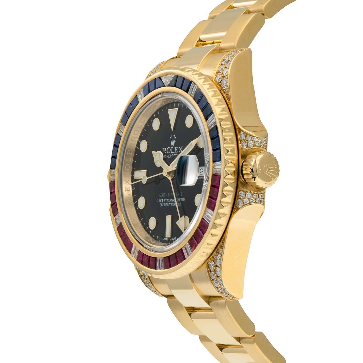 Rolex 116758 YG GMT watch with yellow gold bracelet, sapphire and ruby bezel, diamond-set case, and black dial