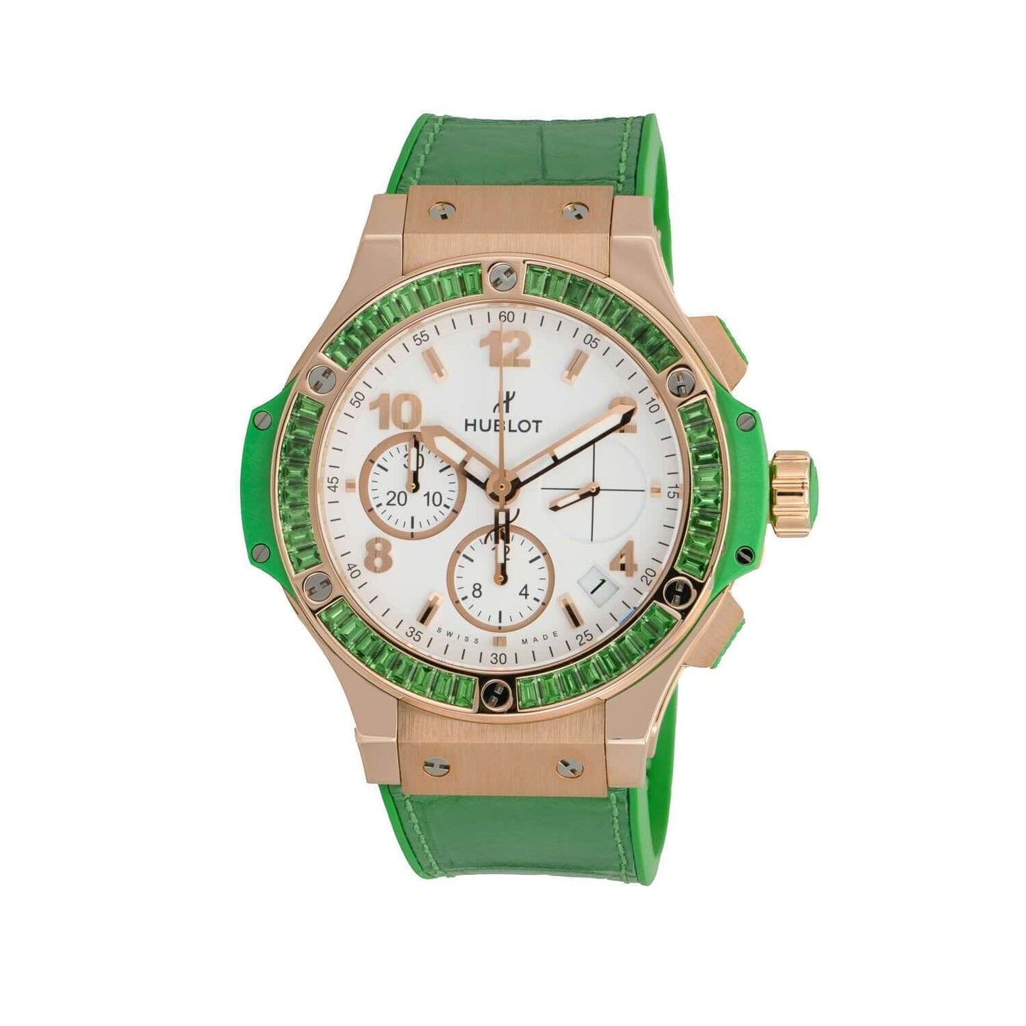Hublot Tutti Frutti Rose Gold White Arabic Dial Tsavorite Bezel & Green Leather 41mm 341.PG.2010.LR.1922