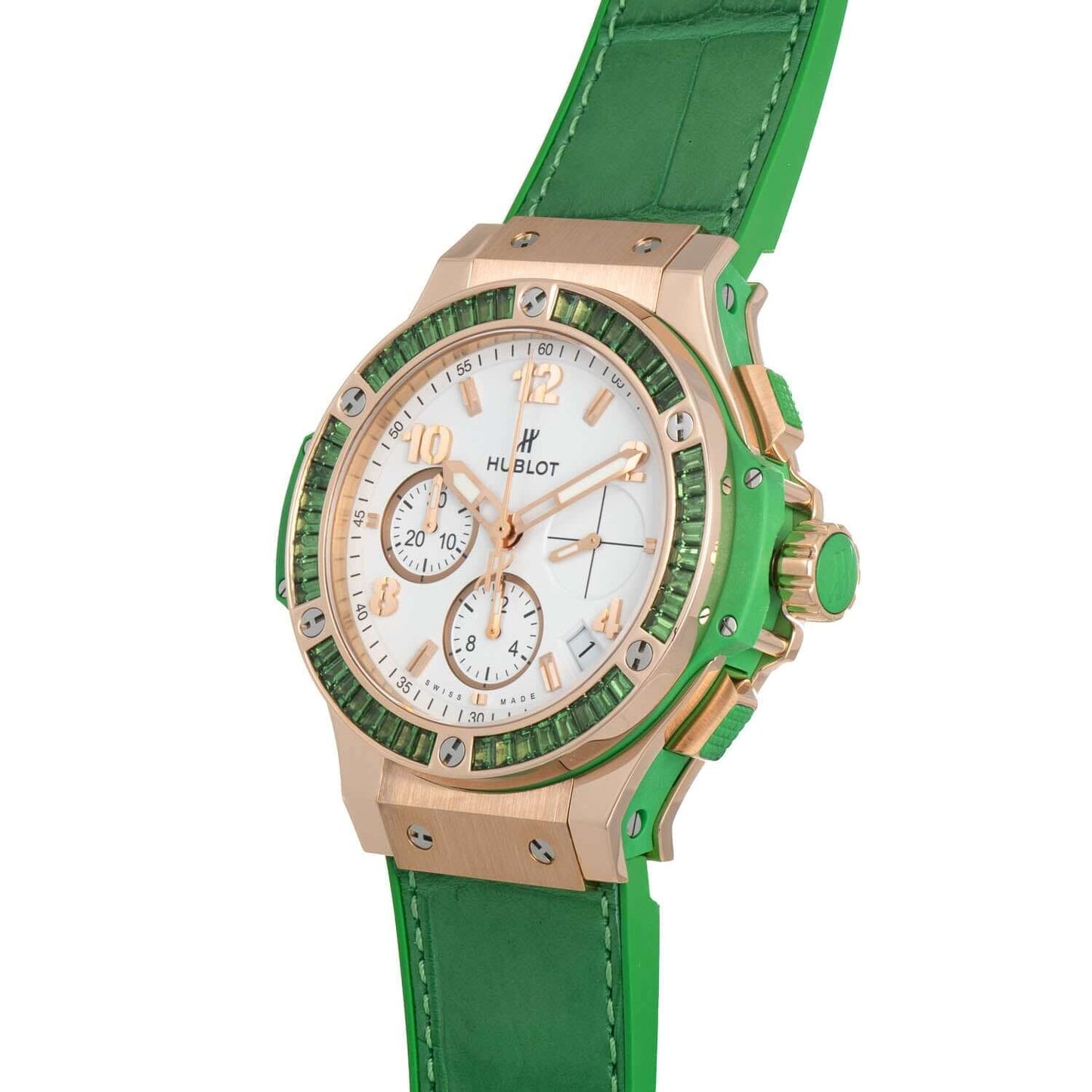 Hublot Tutti Frutti Rose Gold White Arabic Dial Tsavorite Bezel & Green Leather 41mm 341.PG.2010.LR.1922