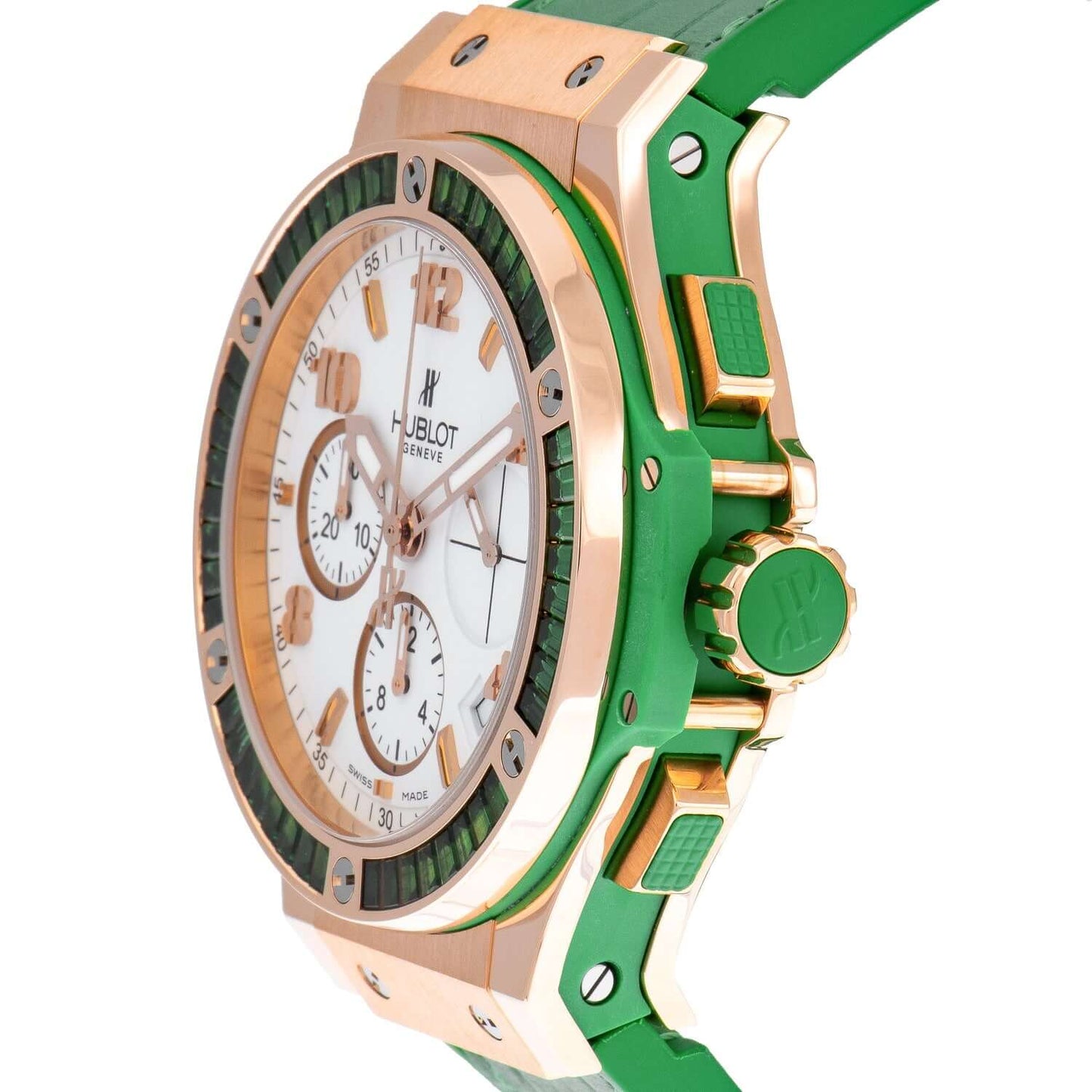 Hublot Tutti Frutti Rose Gold White Arabic Dial Tsavorite Bezel & Green Leather 41mm 341.PG.2010.LR.1922