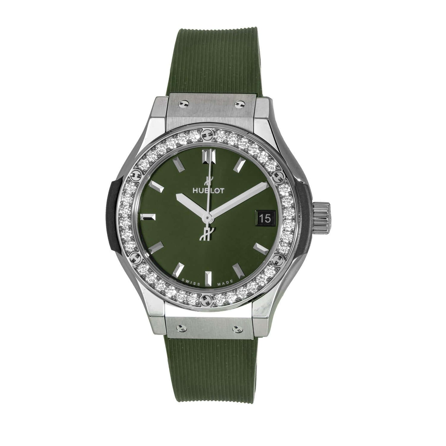 Hublot Classic Fusion Quartz Diamond Green Dial Ladies' Watch with Titanium Case, Green Rubber Strap, and Diamond-Set Bezel