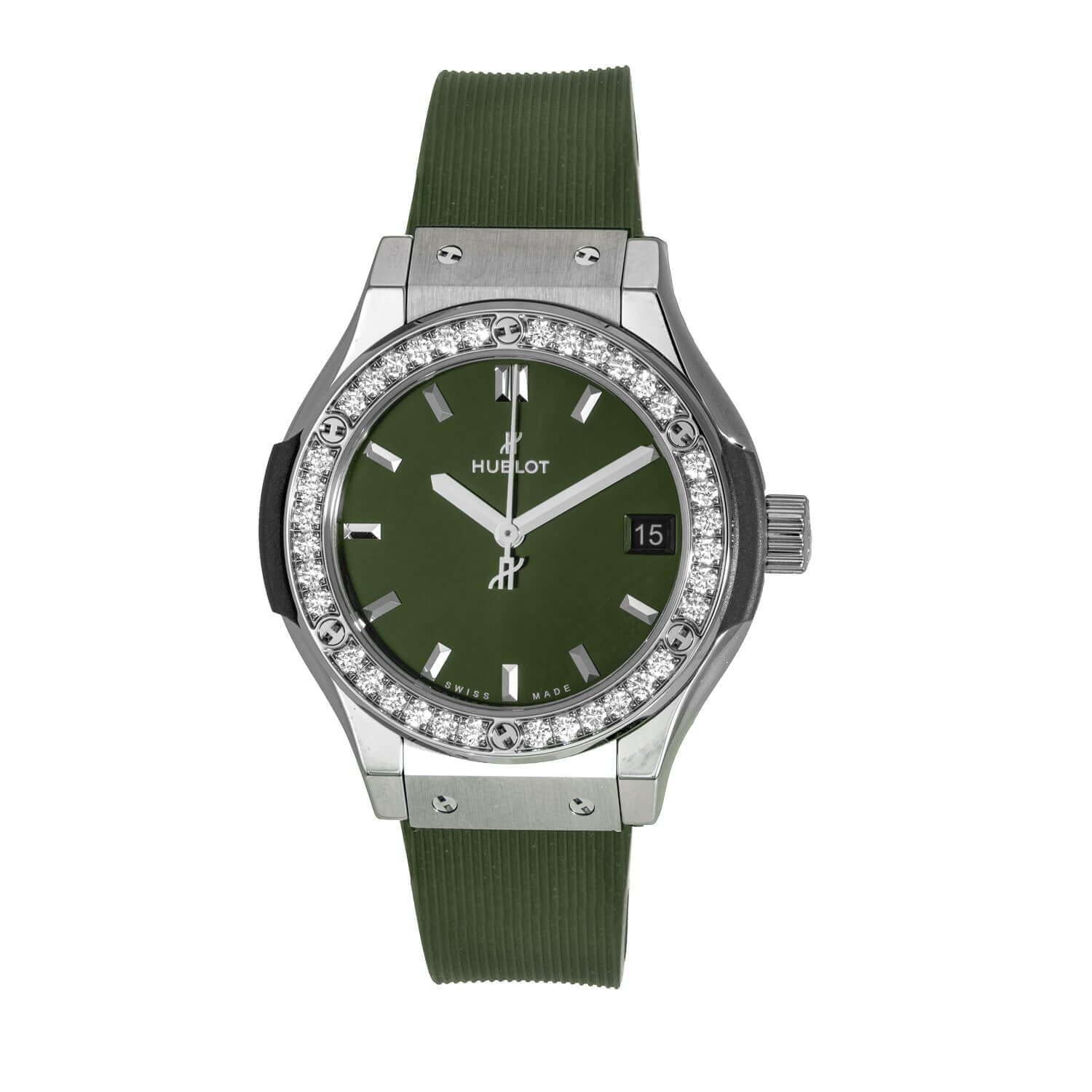 Hublot Classic Fusion Quartz Diamond Green Dial Ladies' Watch with Titanium Case, Green Rubber Strap, and Diamond-Set Bezel