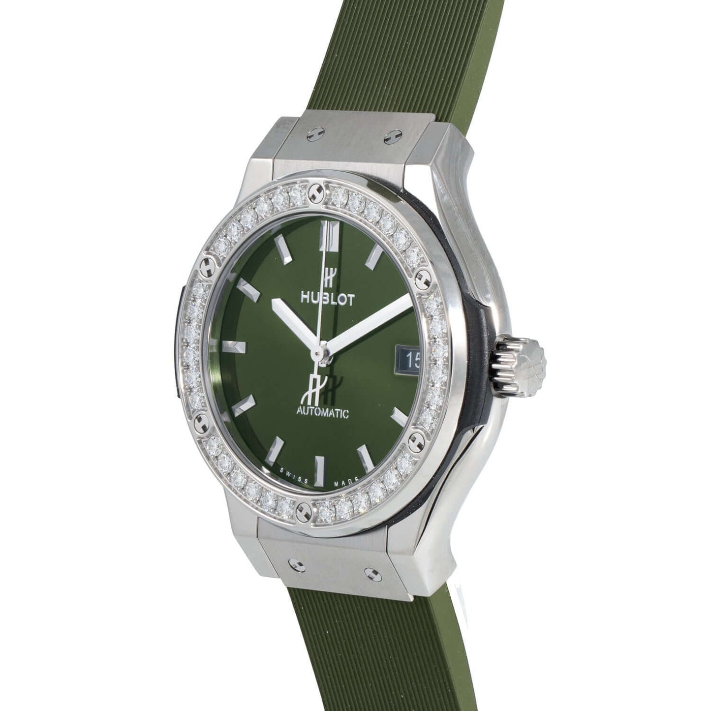 Hublot Classic Fusion Quartz Diamond Green Dial Ladies' Watch, Titanium Case, Green Rubber Strap, Diamond Bezel, Model 581.NX.8970.RX.1204
