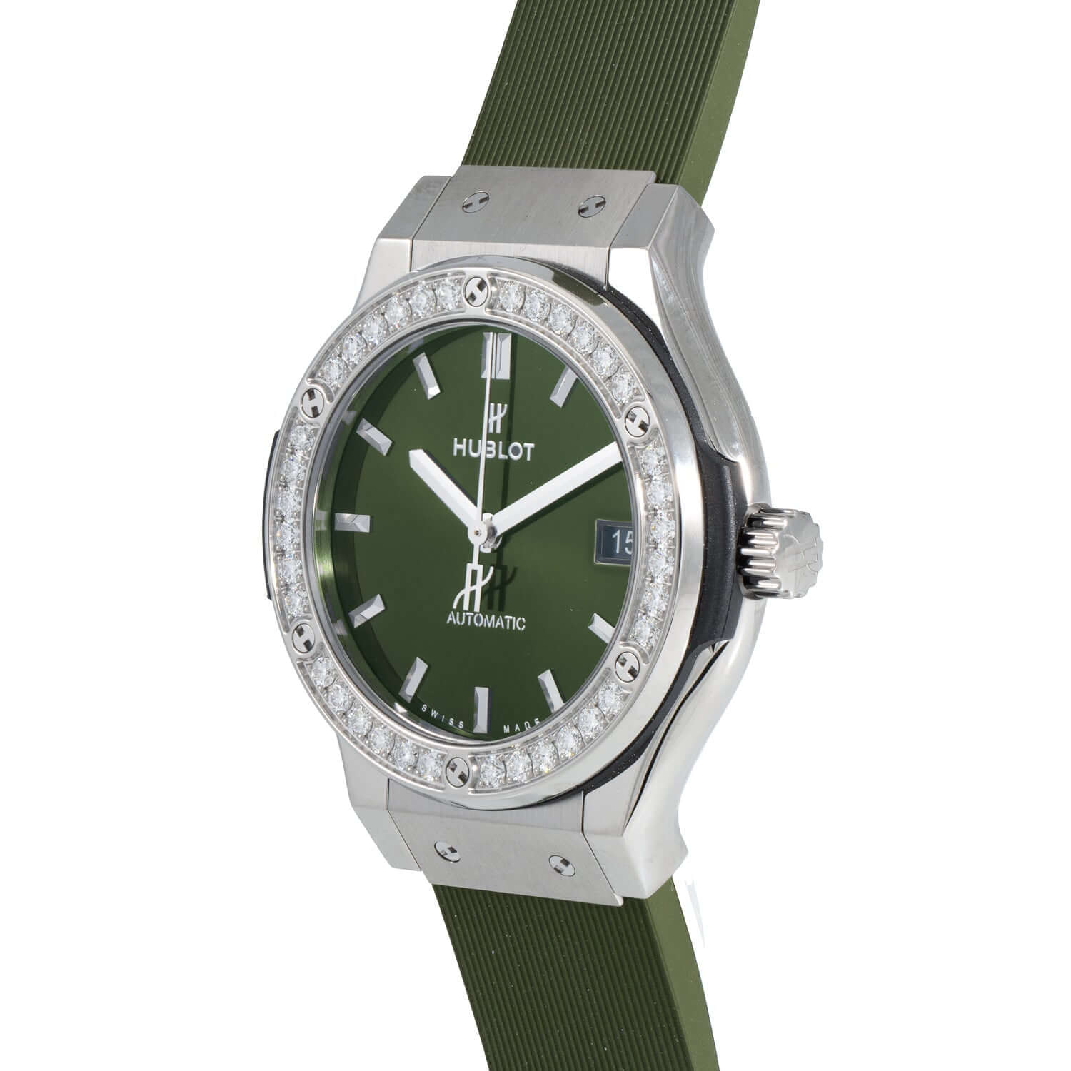 Hublot Classic Fusion Quartz Diamond Green Dial Ladies' Watch, Titanium Case, Green Rubber Strap, Diamond Bezel, Model 581.NX.8970.RX.1204