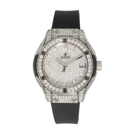 Hublot Classic Fusion Ladies Watch 581.NX.9010.RX.1704 with Diamond Dial, Titanium Diamond Bezel, and Black Rubber Strap