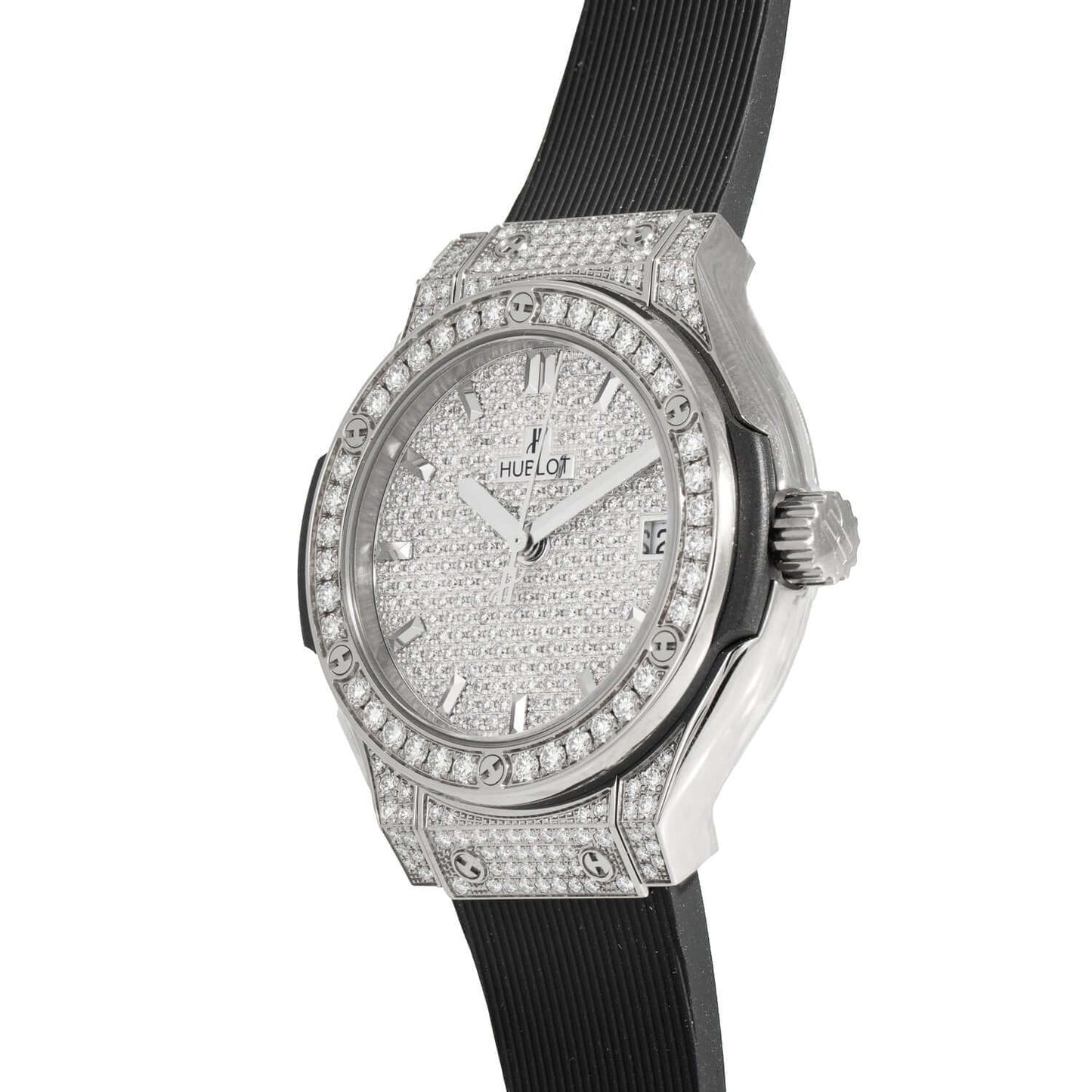 Hublot Classic Fusion Ladies Watch 581.NX.9010.RX.1704 with titanium case and diamond bezel, diamond dial, black rubber strap.