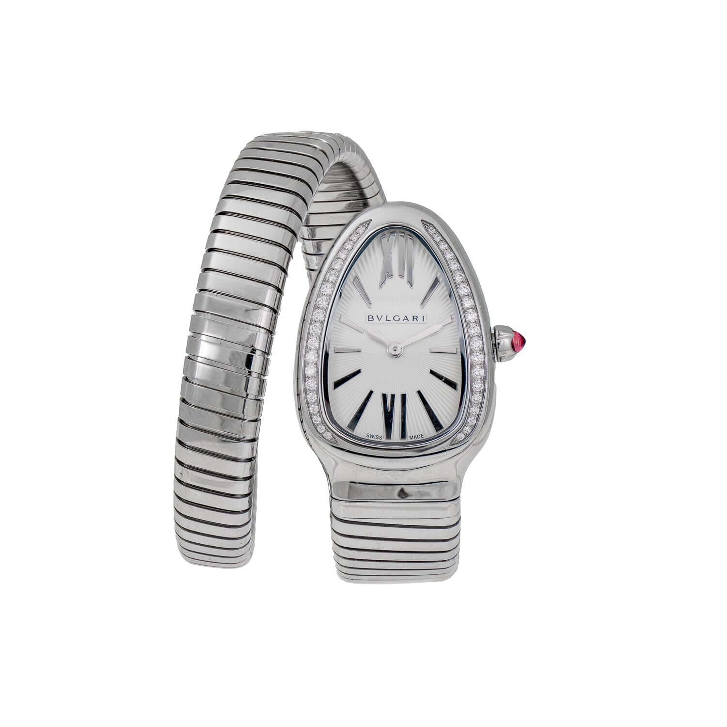 Bulgari Serpenti Tubogas Watch 101827 stainless steel single spiral bracelet, silver opaline dial, diamond-set case, quartz movement.