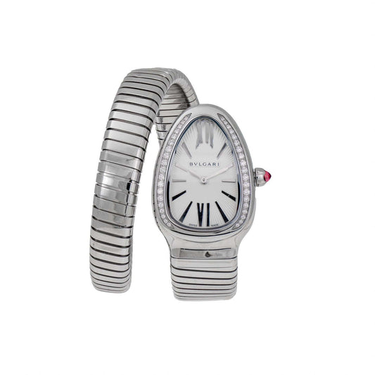 Bulgari Serpenti Tubogas Watch 101827 stainless steel single spiral bracelet, silver opaline dial, diamond-set case, quartz movement.
