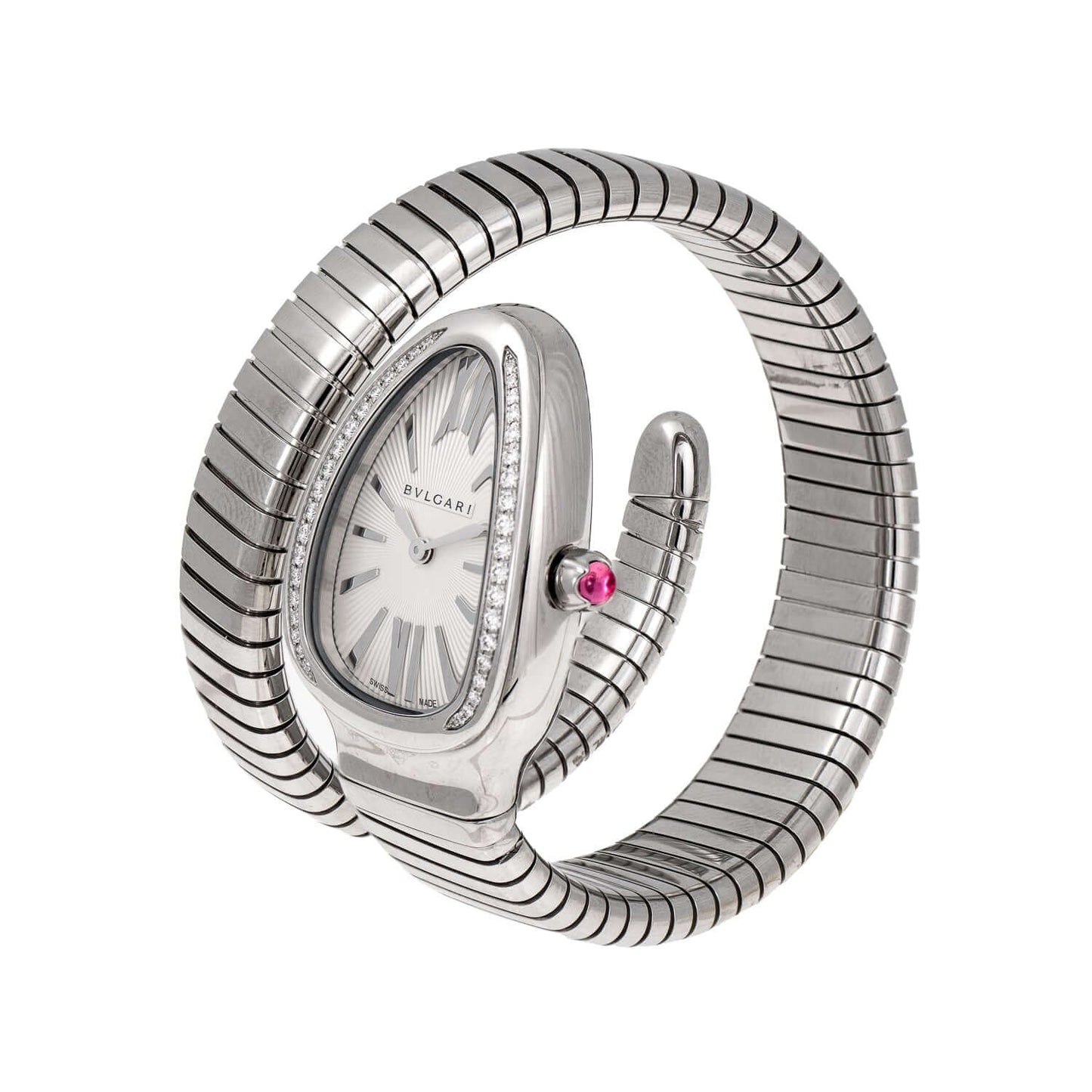 Bulgari Serpenti Tubogas Watch 101827 with stainless steel spiral bracelet, silver opaline dial, quartz movement, and pink rubellite crown.