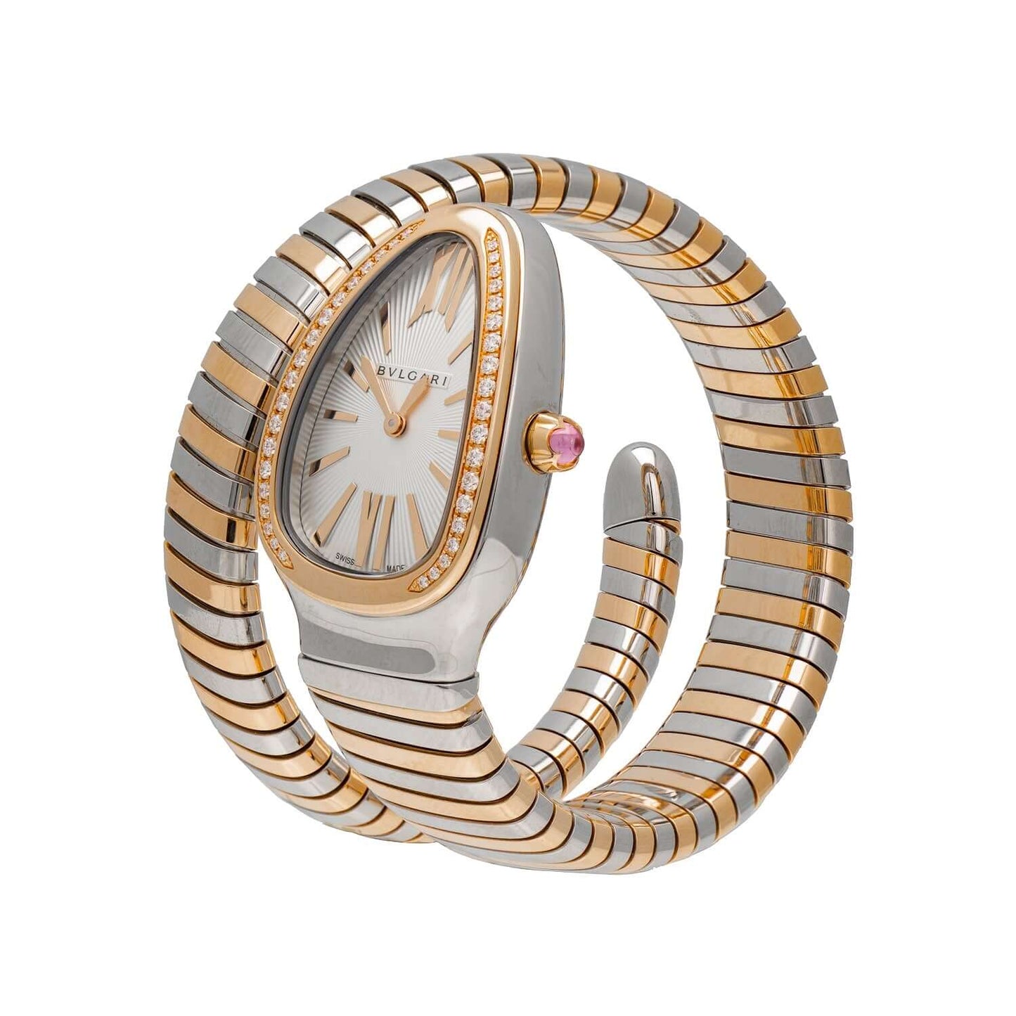 Bulgari Serpenti Tubogas Watch 102237 in 18 kt rose gold and stainless steel, featuring a silver opaline dial and diamond-set bezel.