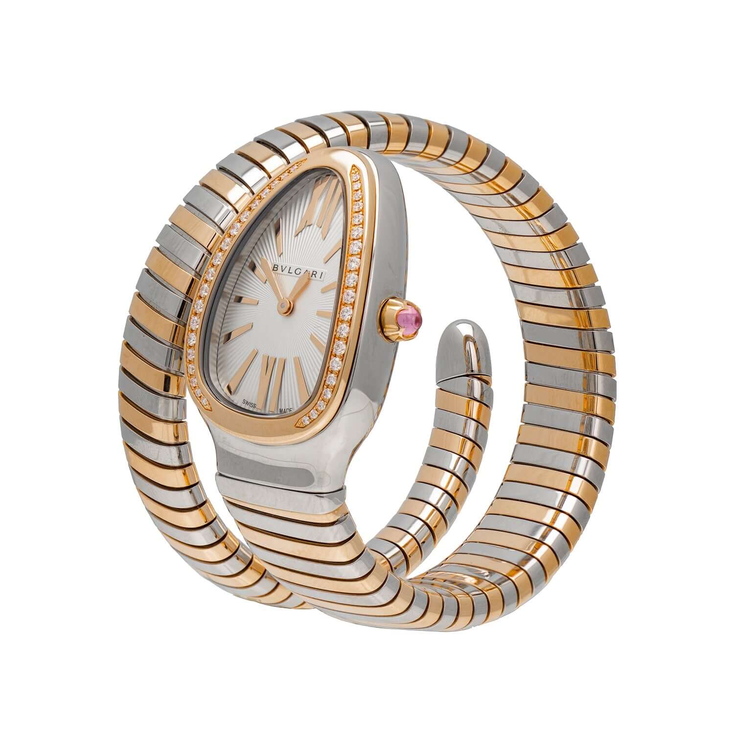 Bulgari Serpenti Tubogas Watch 102237 in 18 kt rose gold and stainless steel, featuring a silver opaline dial and diamond-set bezel.