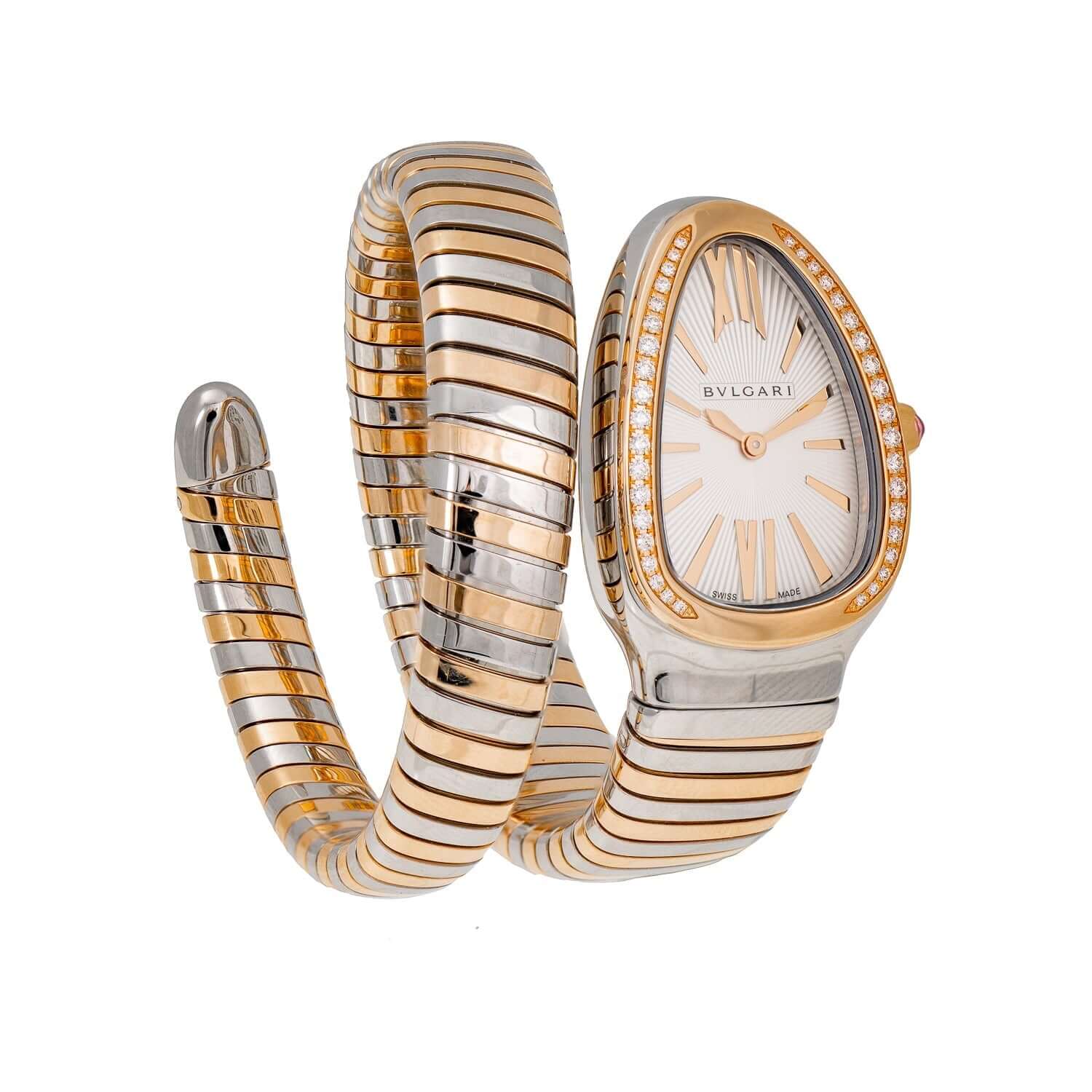 Bulgari Serpenti Tubogas Watch 102237 with 18 kt rose gold and stainless steel single spiral bracelet and silver opaline dial