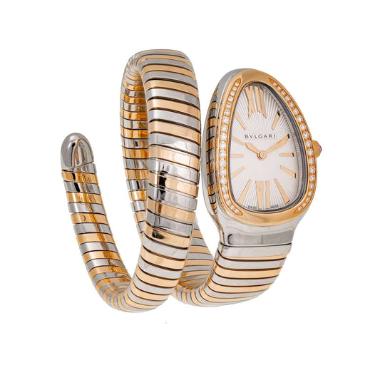 Bulgari Serpenti Tubogas Watch 102237 with 18 kt rose gold and stainless steel single spiral bracelet and silver opaline dial