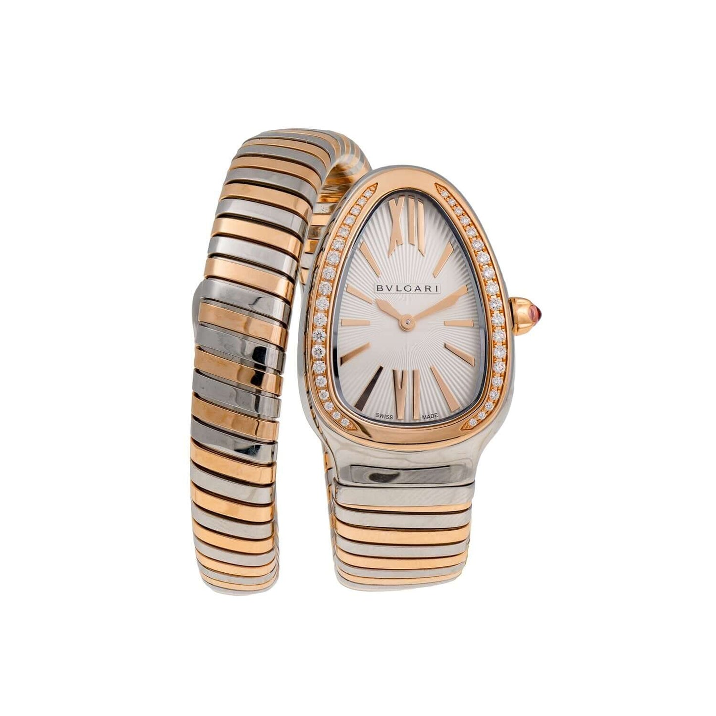 Bulgari Serpenti Tubogas Watch 102237 in 18 kt rose gold and stainless steel with silver opaline dial, single spiral bracelet, and diamond-set bezel.