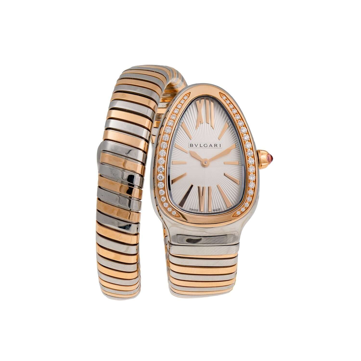 Bulgari Serpenti Tubogas Watch 102237 in 18 kt rose gold and stainless steel with silver opaline dial, single spiral bracelet, and diamond-set bezel.