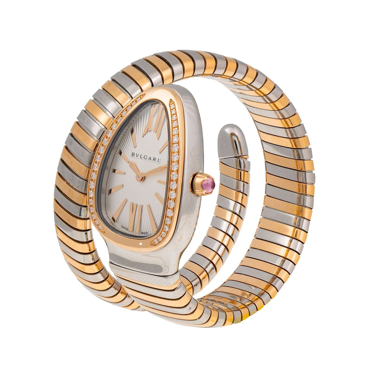 Bulgari Serpenti Tubogas Watch 102237 in 18 kt rose gold and stainless steel with silver opaline dial, diamonds bezel, and single spiral bracelet.