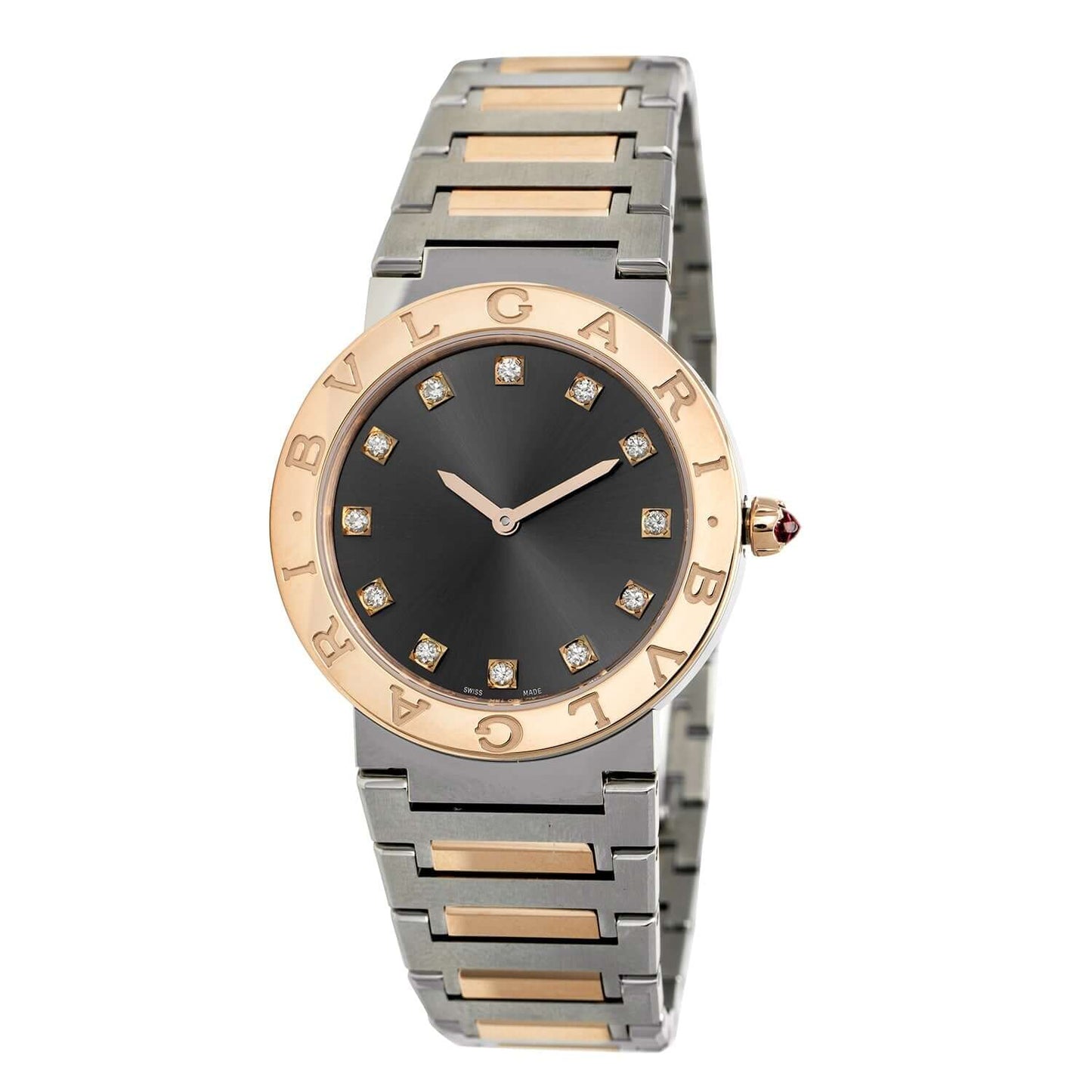 Bulgari 'Bulgari Lady' 103067 watch, stainless steel and rose gold strap, gray lacquered dial, 33 mm diameter, luxury quartz movement.