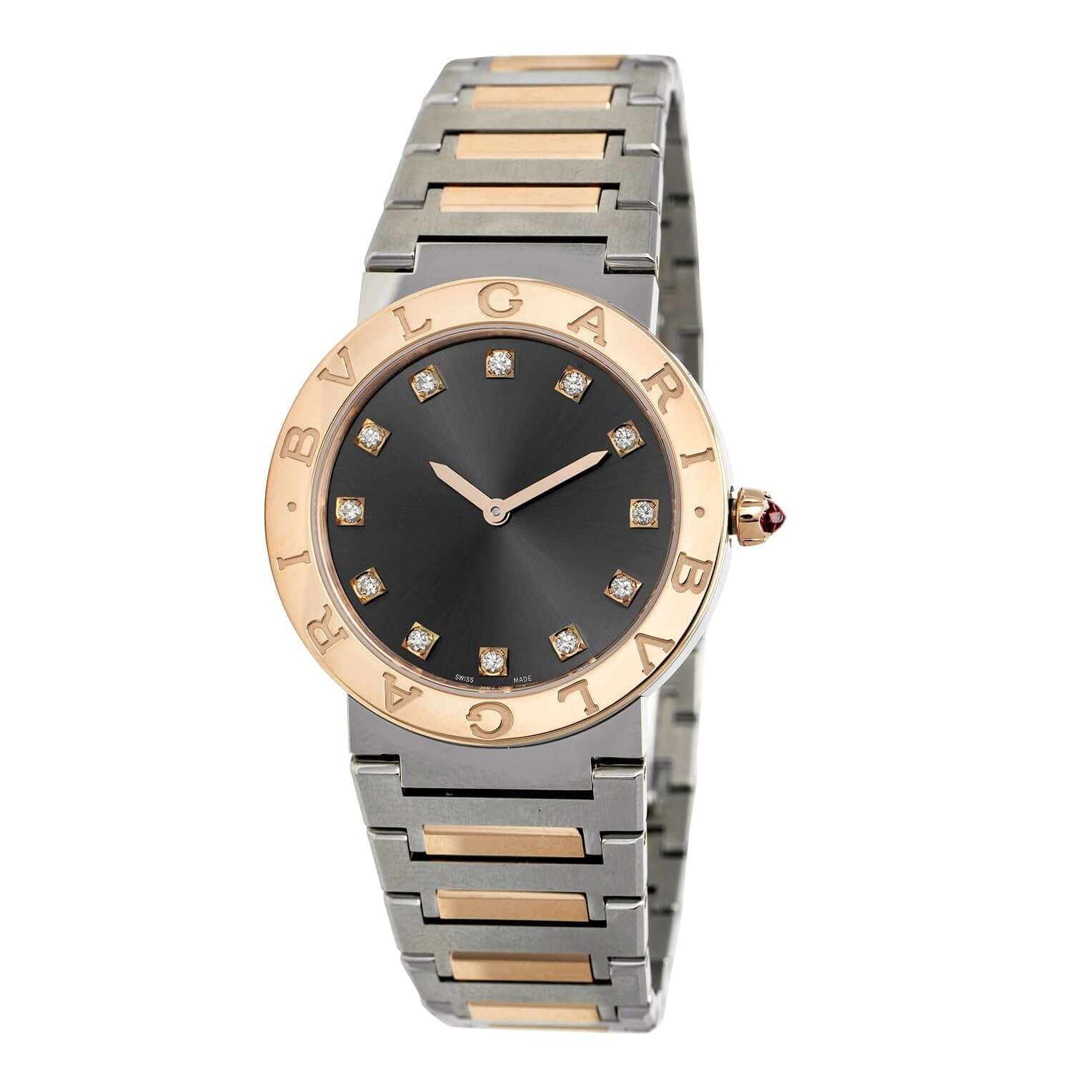 Bulgari 'Bulgari Lady' 103067 watch, stainless steel and rose gold strap, gray lacquered dial, 33 mm diameter, luxury quartz movement.