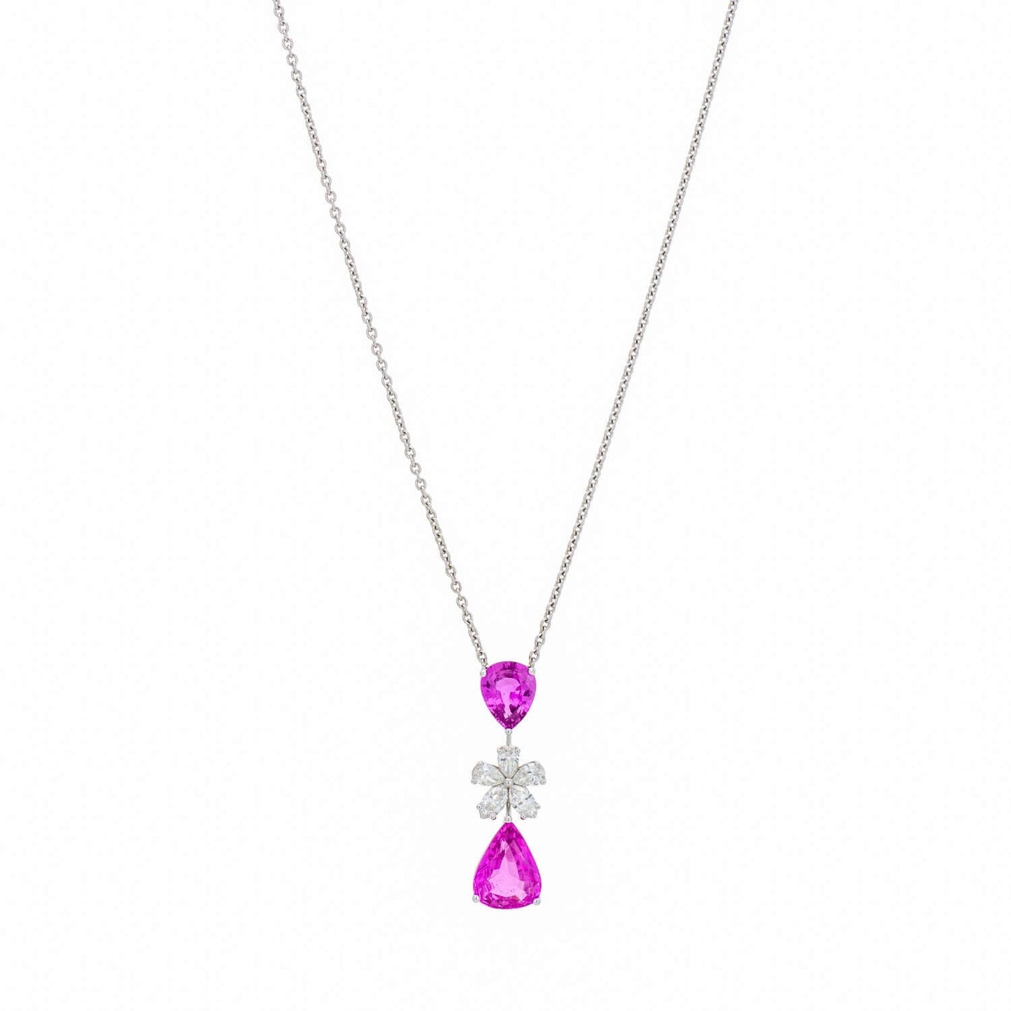 Graff Pink Sapphire and Diamond Flower Motif Drop Necklace with Pearshape Sapphires and Marquise Diamonds on a white background.