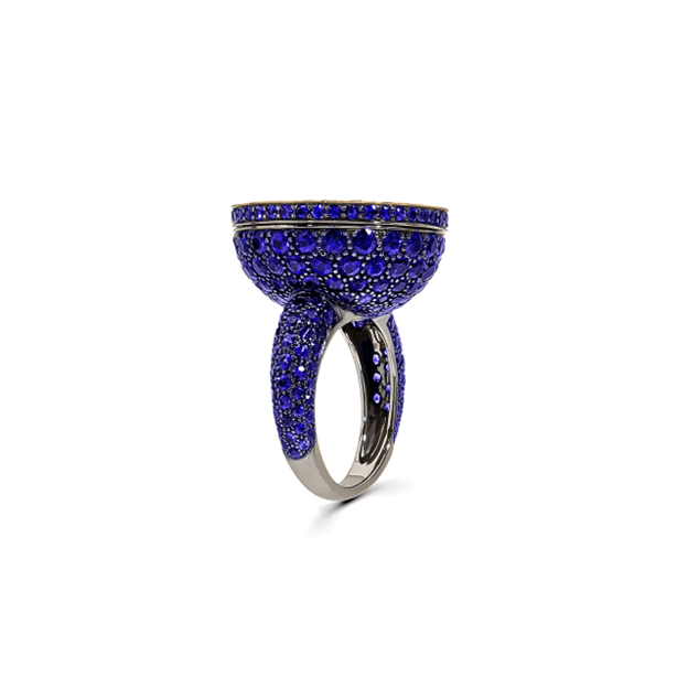 Boucheron Sapphire Secret Ring JRG00495 crafted in 18ct blackened white gold with 6.5 carats of sapphires enveloping the ring and band.