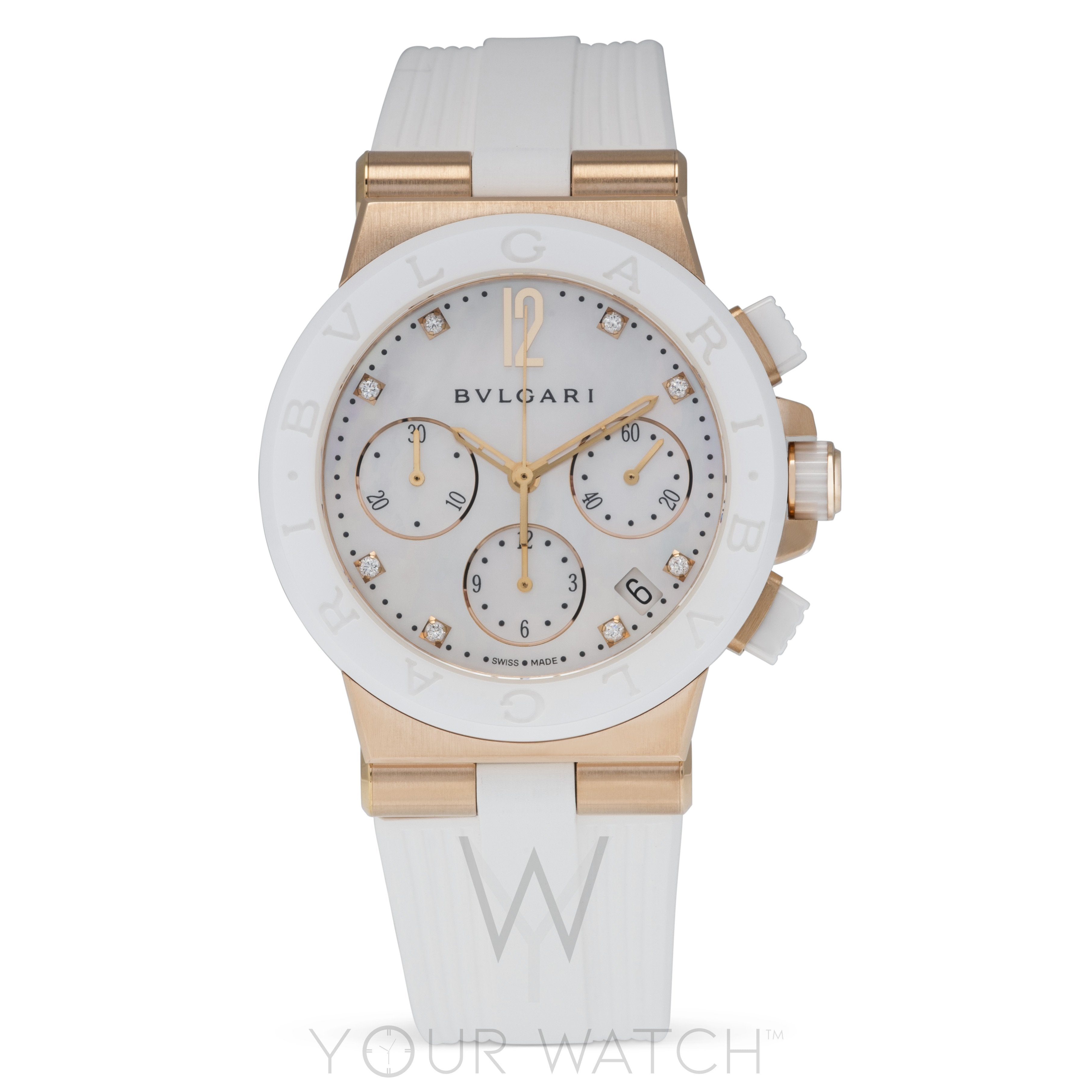 Bvlgari Diagono White Mother of Pearl 18 Carat Pink Gold Chronograph Ladies  Watch 101994