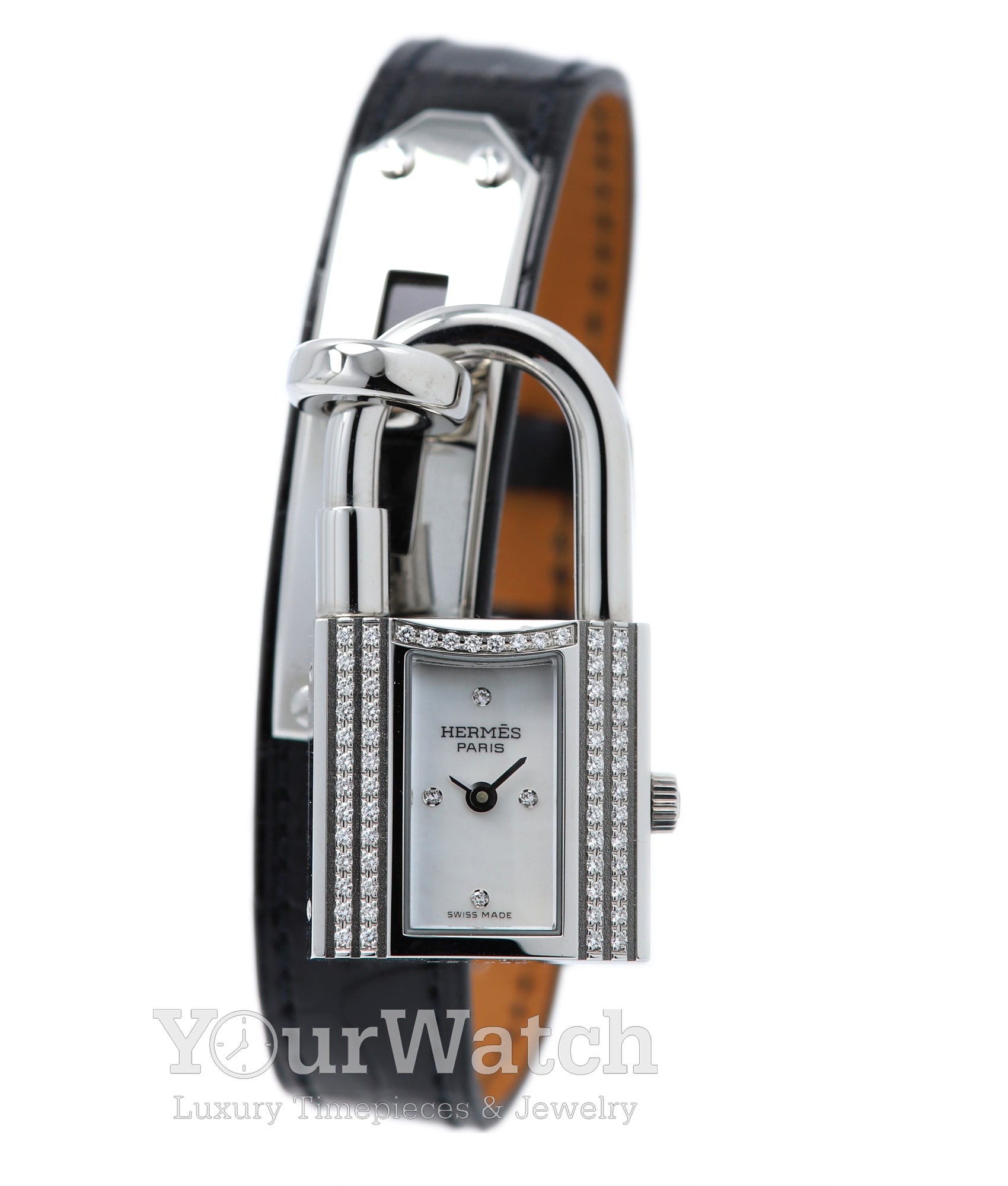 Hermès Stainless Steel Kelly Diamonds Lock Watch