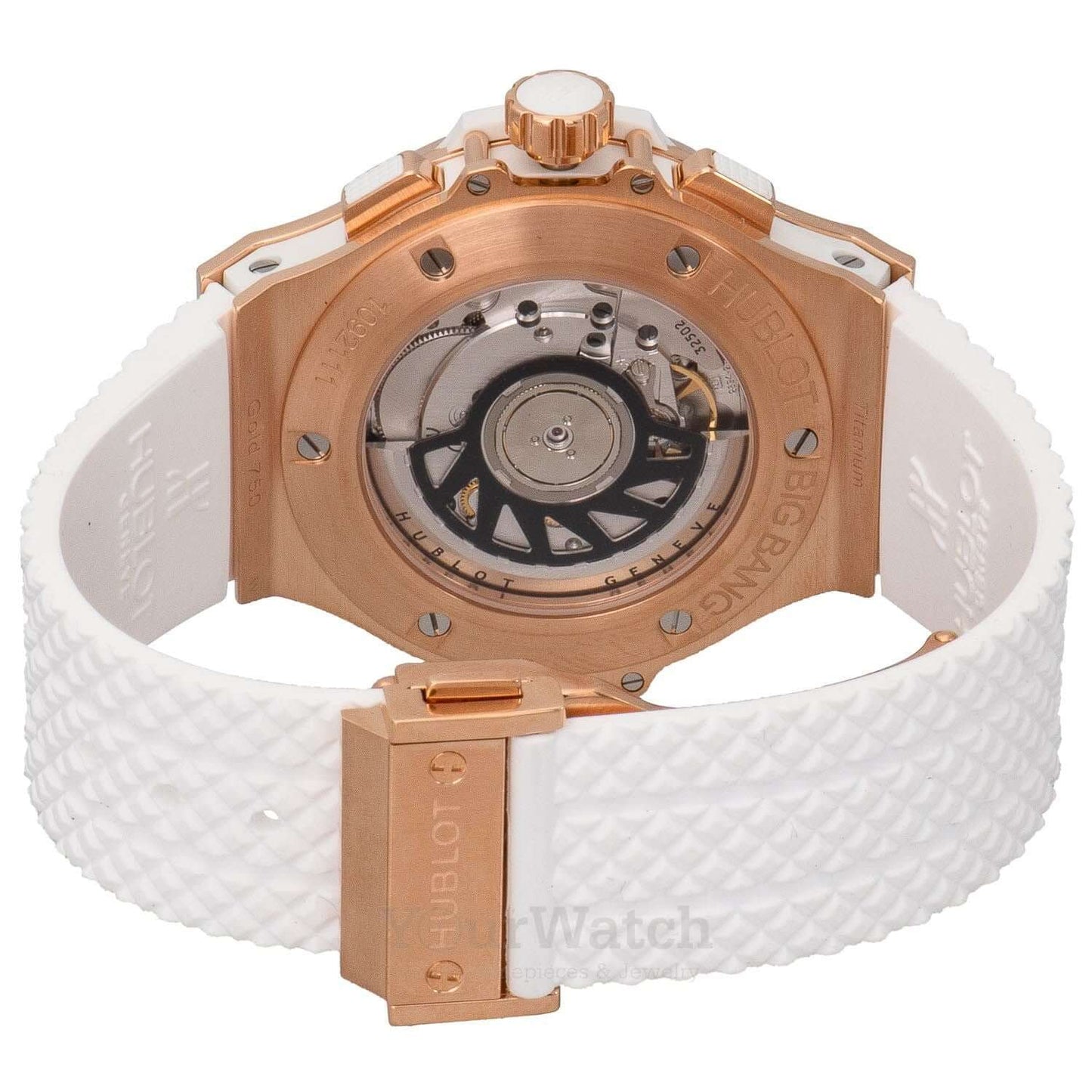 Hublot Bing Bang Portocervo 41mm Rose Gold Baguette Diamond Bezel White Rubber Strap Pave Diamond Dial 341.PE.9114.RW.094
