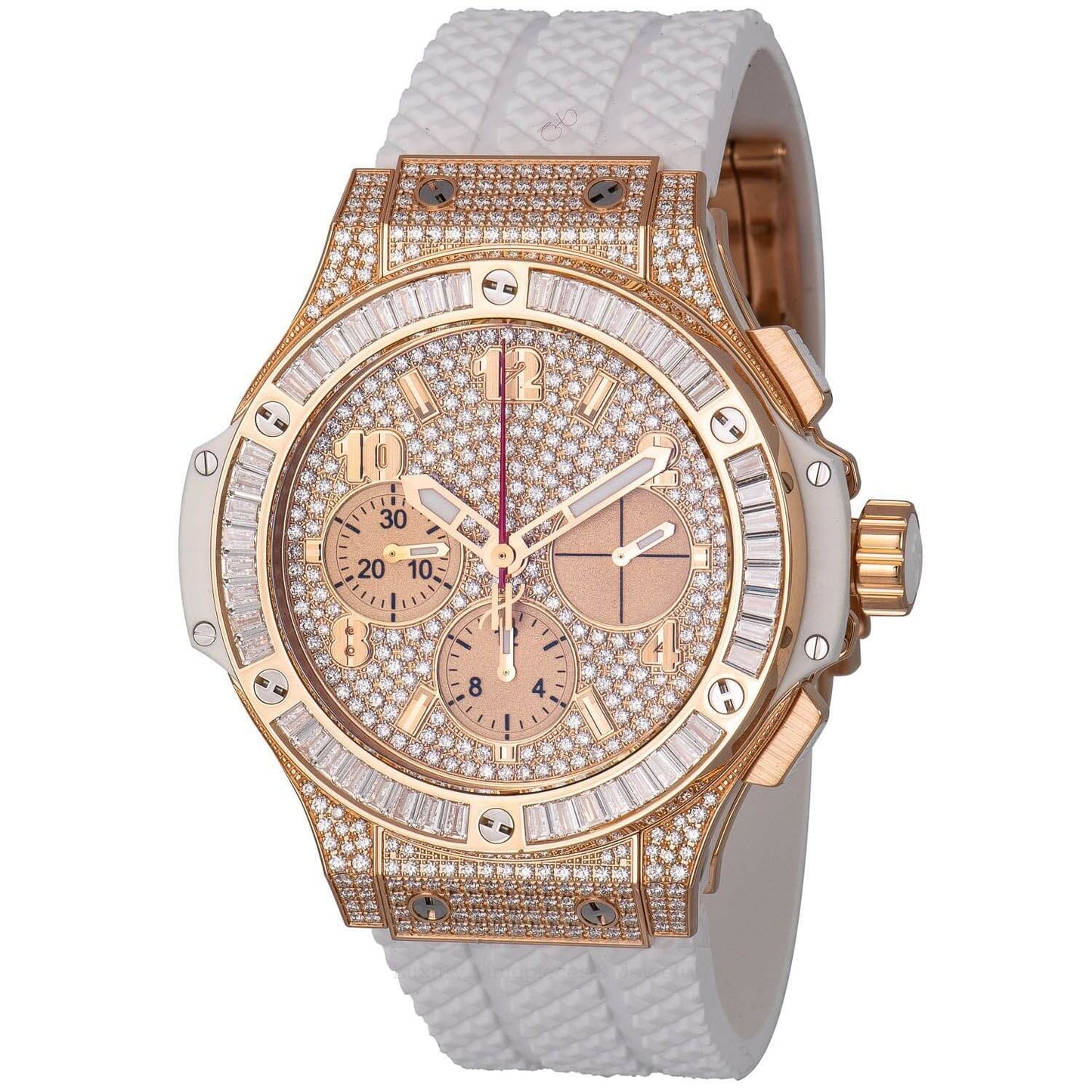 Hublot Bing Bang Portocervo 41mm Rose Gold Baguette Diamond Bezel White Rubber Strap Pave Diamond Dial 341.PE.9114.RW.094