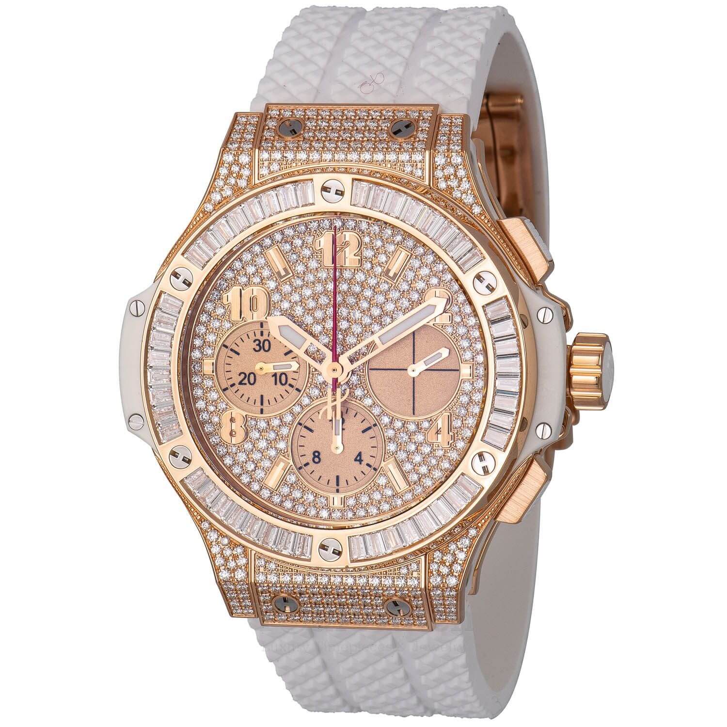 Hublot Bing Bang Portocervo 41mm Rose Gold Baguette Diamond Bezel White Rubber Strap Pave Diamond Dial 341.PE.9114.RW.094