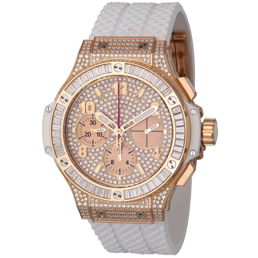 Hublot Bing Bang Portocervo 41mm Rose Gold Baguette Diamond Bezel White Rubber Strap Pave Diamond Dial 341.PE.9114.RW.094