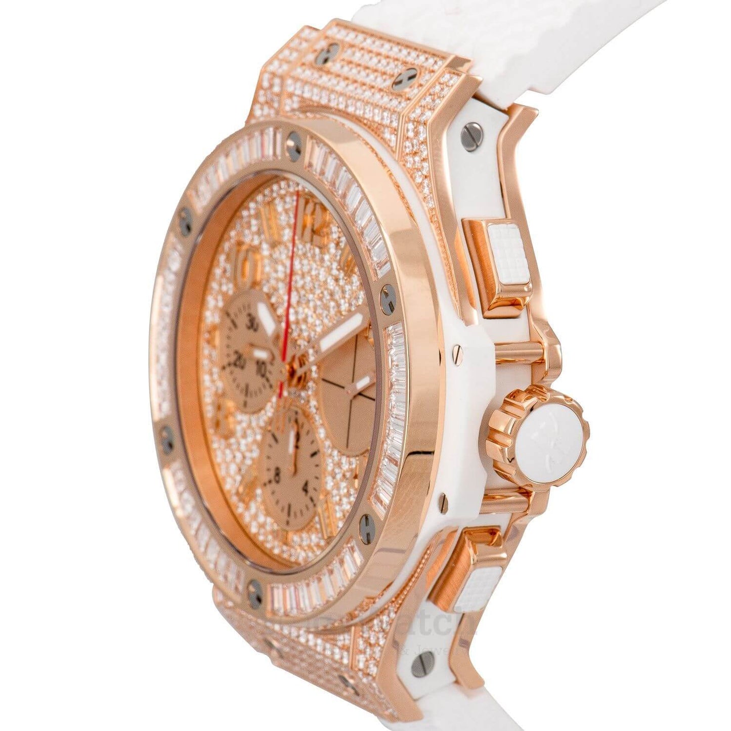 Hublot Bing Bang Portocervo 41mm Rose Gold Baguette Diamond Bezel White Rubber Strap Pave Diamond Dial 341.PE.9114.RW.094