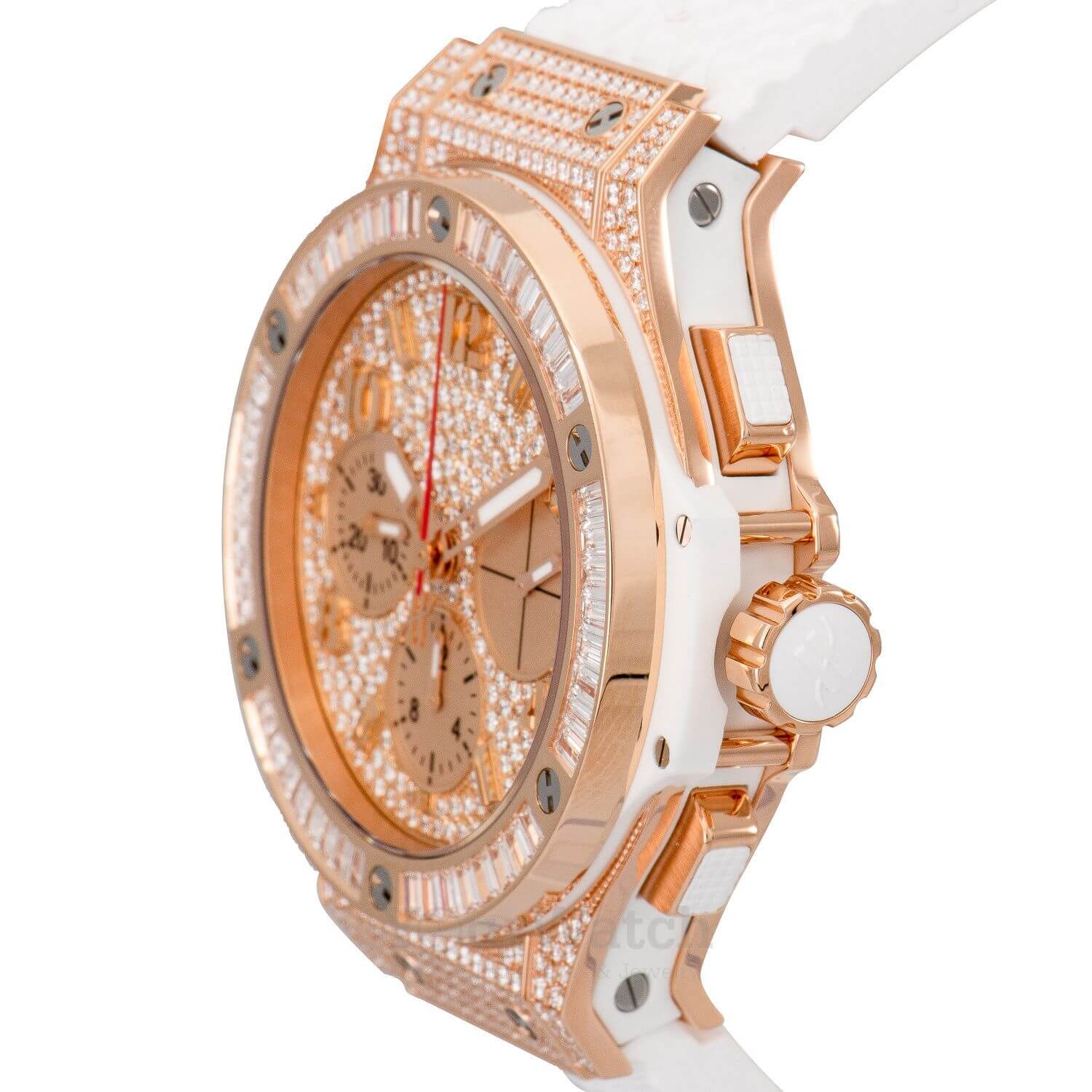Hublot Bing Bang Portocervo 41mm Rose Gold Baguette Diamond Bezel White Rubber Strap Pave Diamond Dial 341.PE.9114.RW.094
