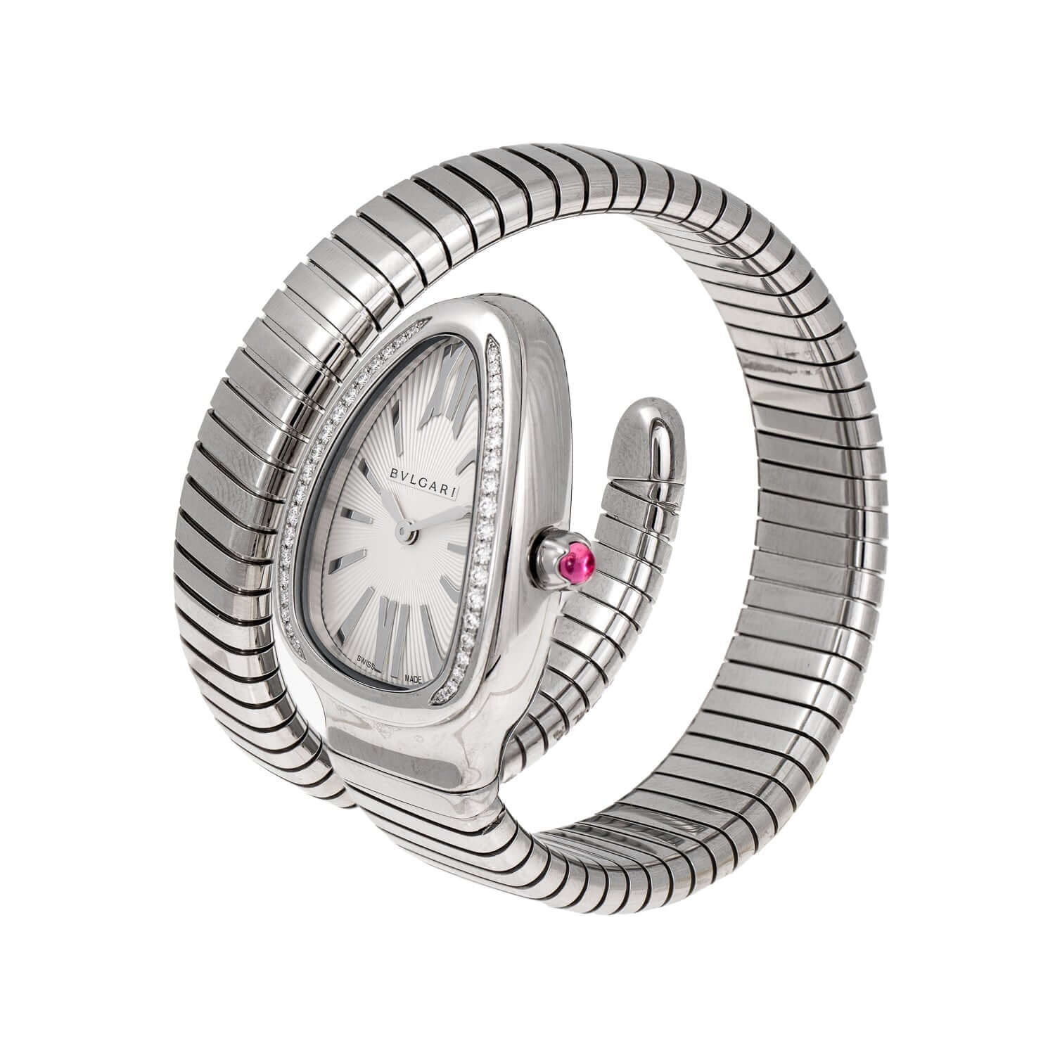 Bulgari Serpenti Tubogas Watch 101816 with stainless steel strap, white dial, and 35mm steel case displaying hour and minute functions.