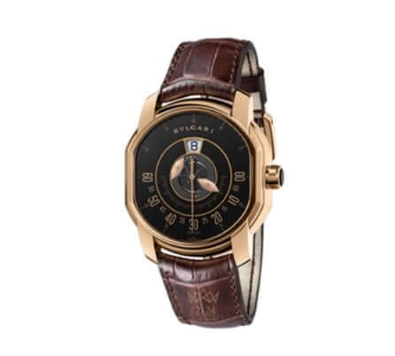 Bulgari Papillon Heure Sautante Men's Jumping Hour 45mm Pink Gold Watch with Black Dial and Brown Alligator Skin Strap