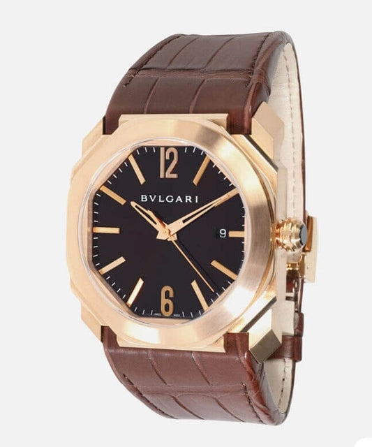 BVLGARI Octo Solotempo Automatic Brown Dial Men's Watch 18kt Rose Gold 102250 with Alligator Strap and Deployment Clasp, 41mm