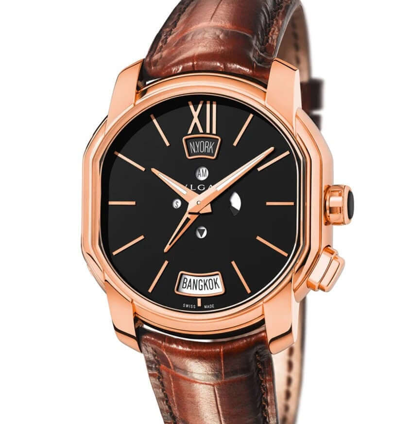 Bulgari Daniel Roth Papillon Voyageur GMT Watch with 18k Rose Gold Case and Black Dial on Crocodile Leather Strap