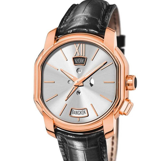 Bvlgari Men's Hora Domvs Dual Time Zone 45mm Watch 102412 with 18k rose gold case, silver dial, and crocodile leather strap.