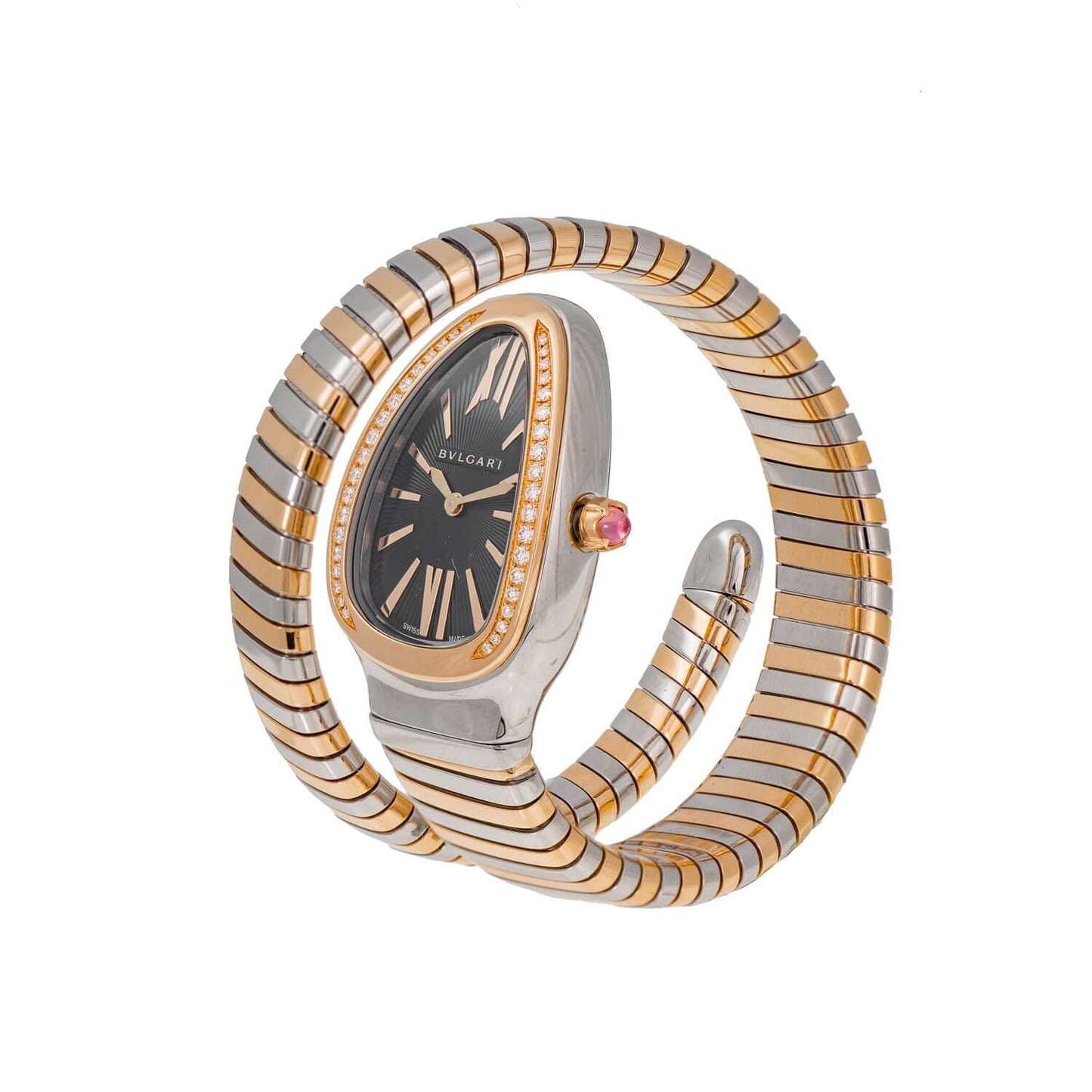 BVLGARI Serpenti Tubogas Rose Gold and Stainless Steel Single Twist Watch with Black Opaline Dial and Diamond Bezel