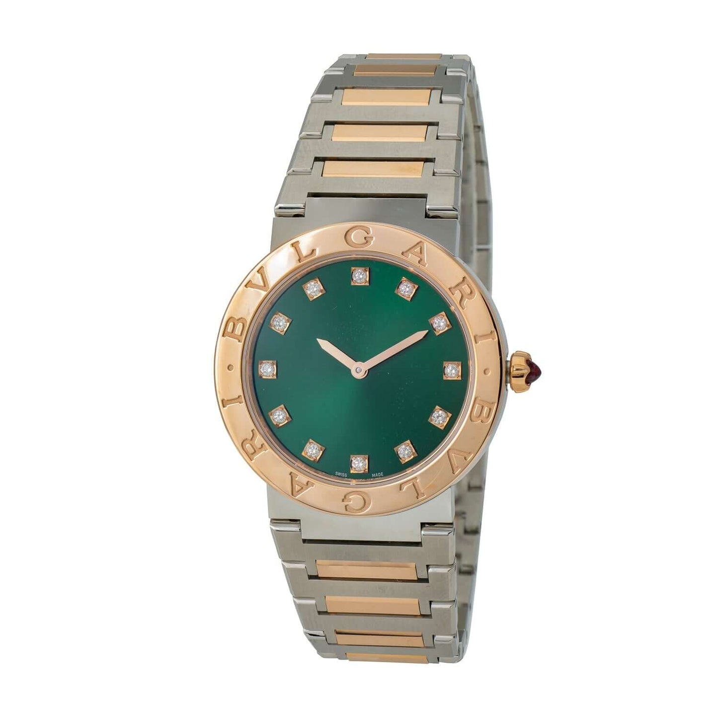 BVLGARI BVLGARI LADY 103202 watch with green dial, diamond indexes, 18 kt rose gold and stainless steel case and bracelet.