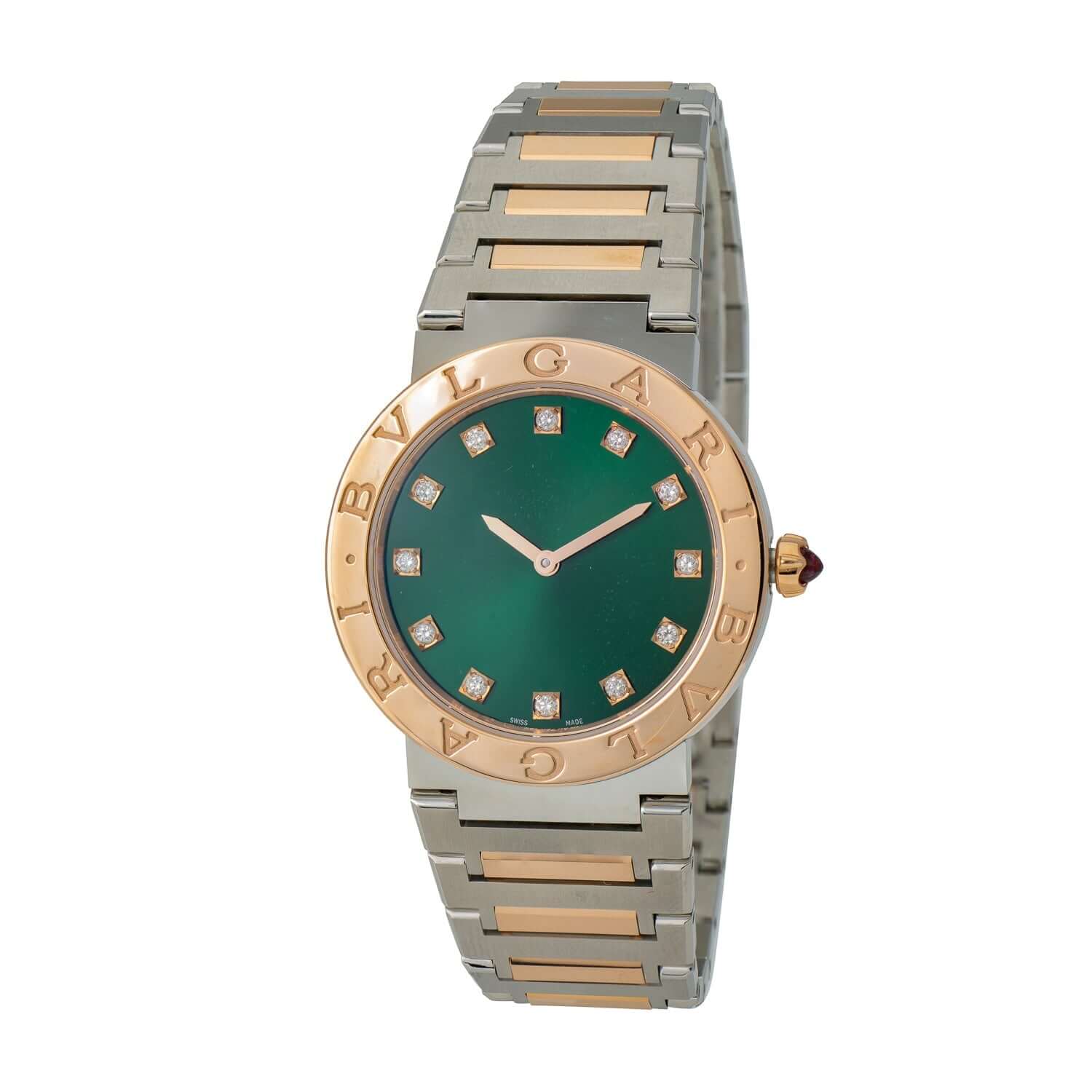 BVLGARI BVLGARI LADY 103202 watch with green dial, diamond indexes, 18 kt rose gold and stainless steel case and bracelet.