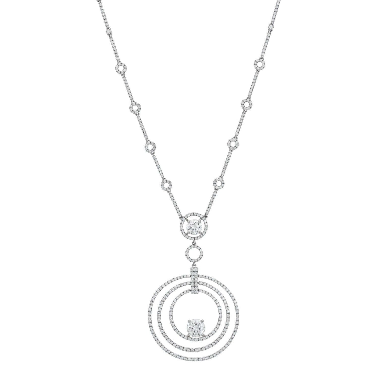 Graff BullsEye Diamond and Platinum Necklace with round diamonds, platinum and white gold bulls' eye design on a delicate chain