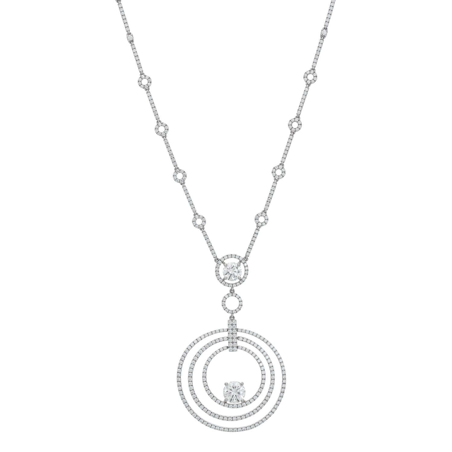 Graff BullsEye Diamond and Platinum Necklace with round diamonds, platinum and white gold bulls' eye design on a delicate chain