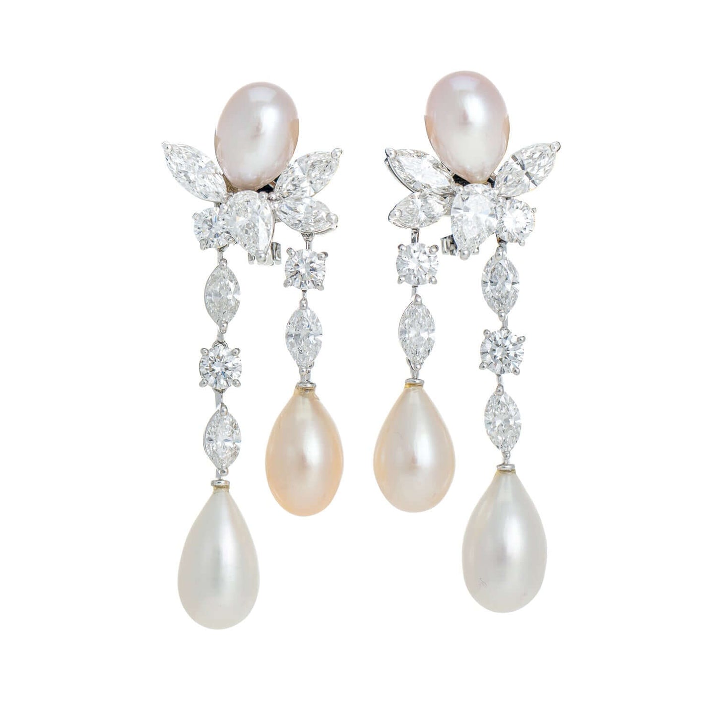 Graff Platinum and 18k White Gold drop earrings with 8.66cts diamonds and 6.00cts pear-shaped pearls. Luxurious and exquisite jewelry.