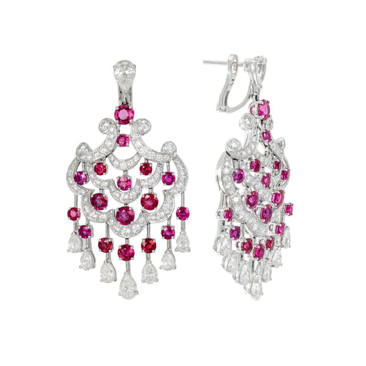 Graff ruby and diamond chandelier earrings with white gold, featuring round rubies and a mix of round and pearshape diamonds.