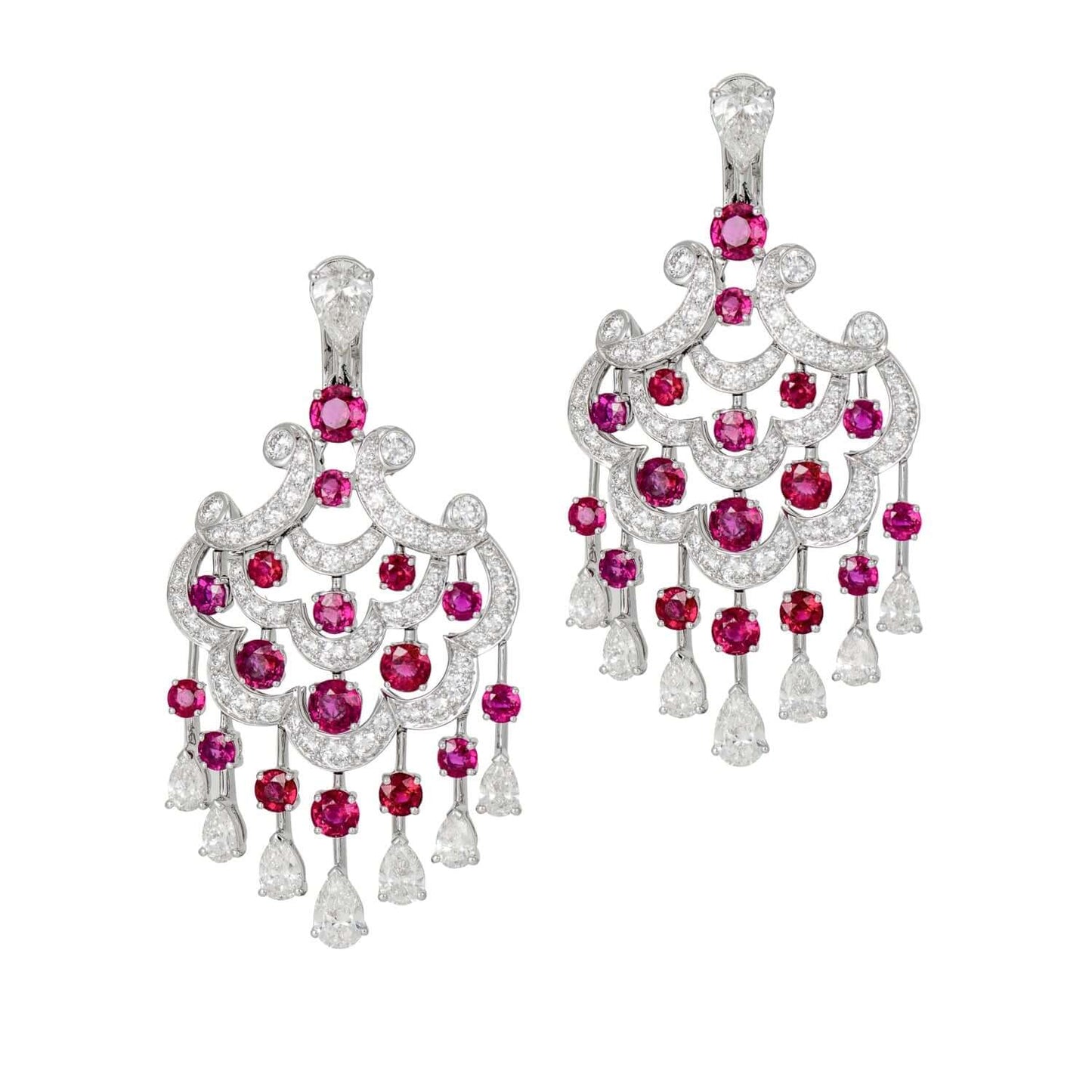 Graff white gold chandelier earrings with 9.42cts diamonds and 7.71cts rubies, featuring round and pearshape stones for an elegant look.