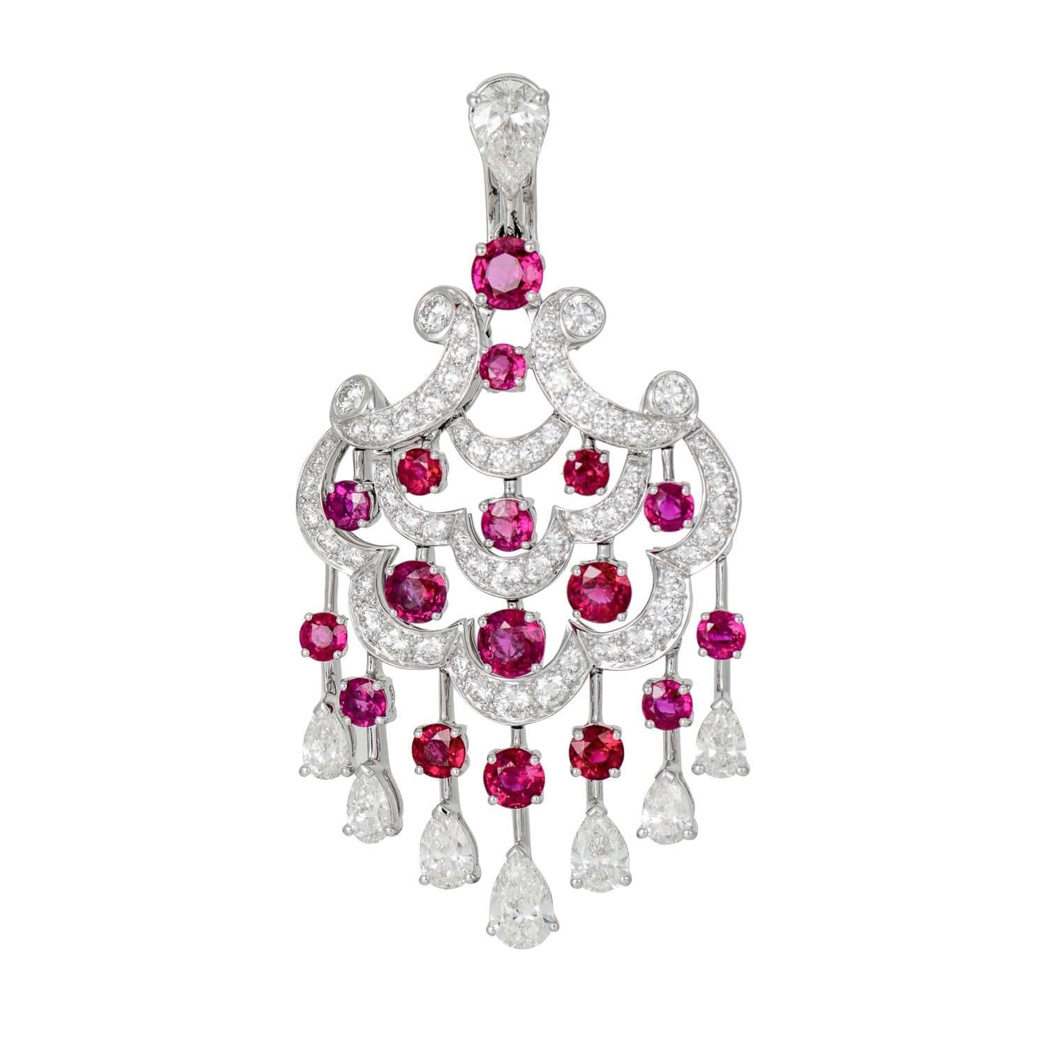 Graff ruby and diamond white gold chandelier earrings featuring round and pearshape diamonds with round rubies.