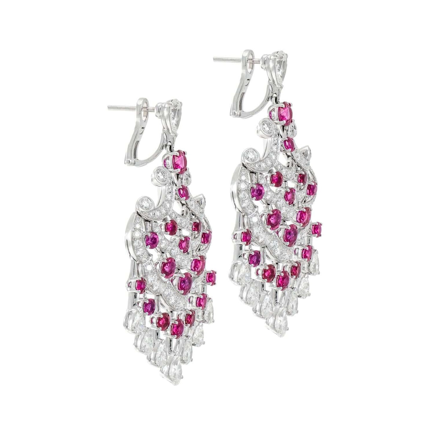 Graff Ruby and Diamond Chandelier Earrings in white gold featuring round and pear-shaped diamonds and rubies.