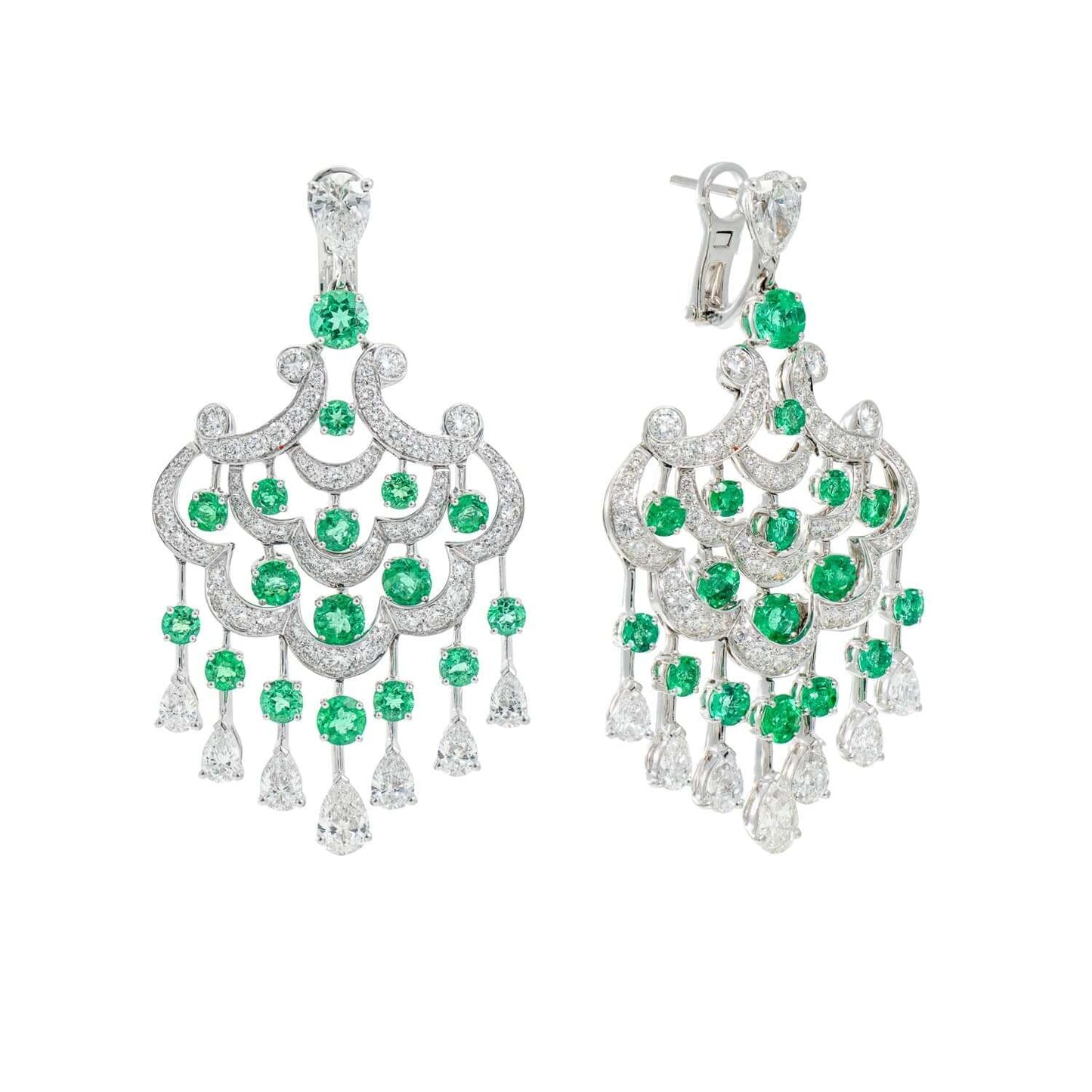 Graff white gold chandelier earrings with 9.42 carats of diamonds and 7.71 carats of emeralds, featuring pear-shaped and round gemstones.