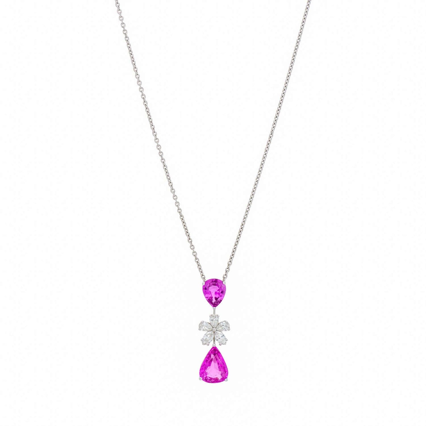 Graff Pink Sapphire and Diamond Flower Motif Drop Necklace with Pearshape Sapphires and Marquise Diamonds on a white background.