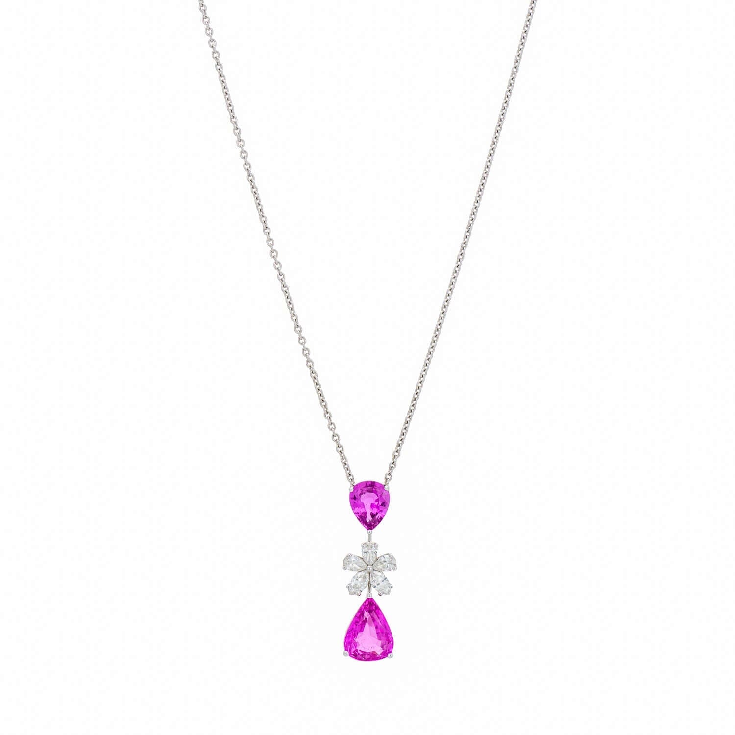 Graff Pink Sapphire and Diamond Flower Motif Drop Necklace with Pearshape Sapphires and Marquise Diamonds on a white background.